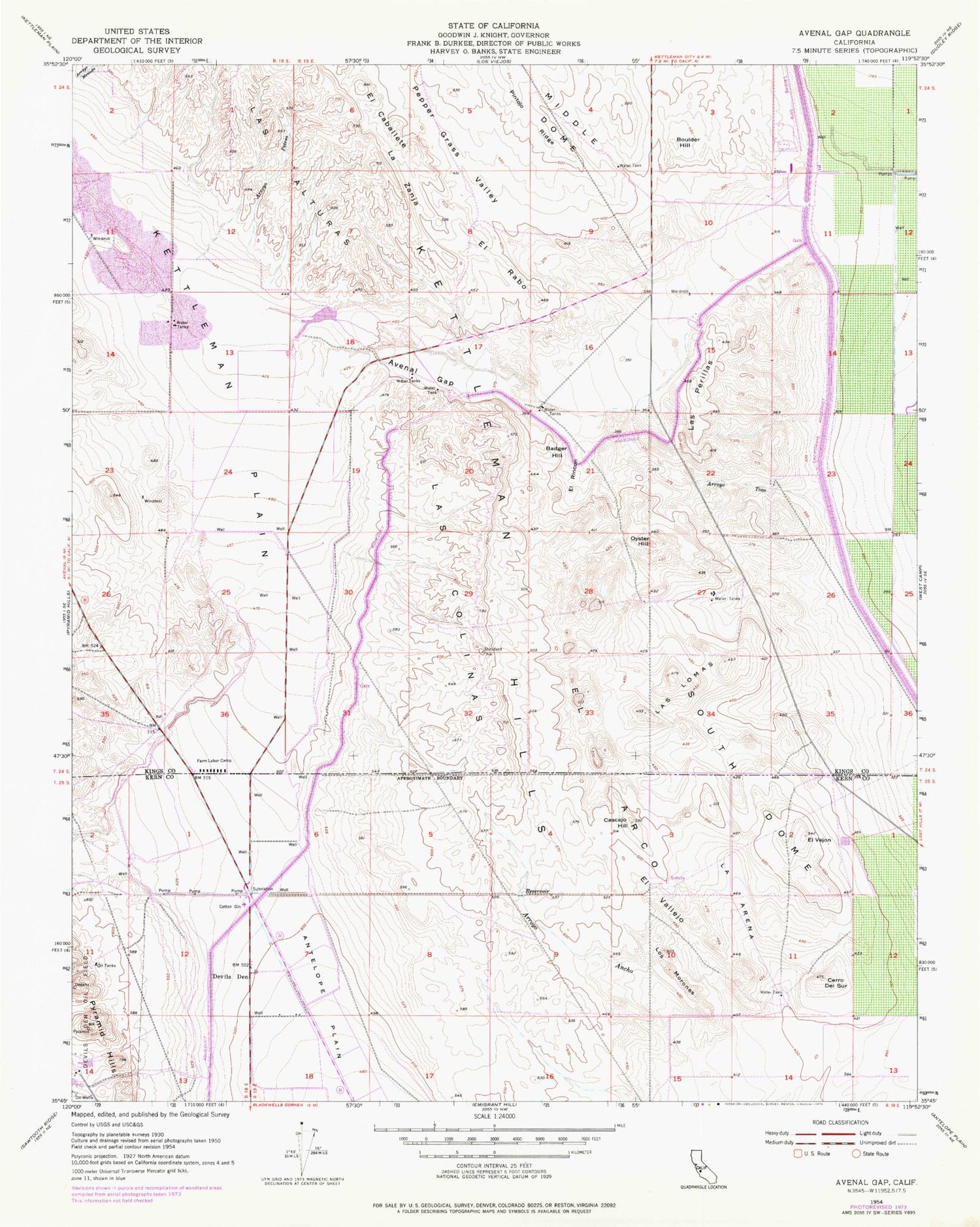 Classic USGS Avenal Gap California 7.5'x7.5' Topo Map Image