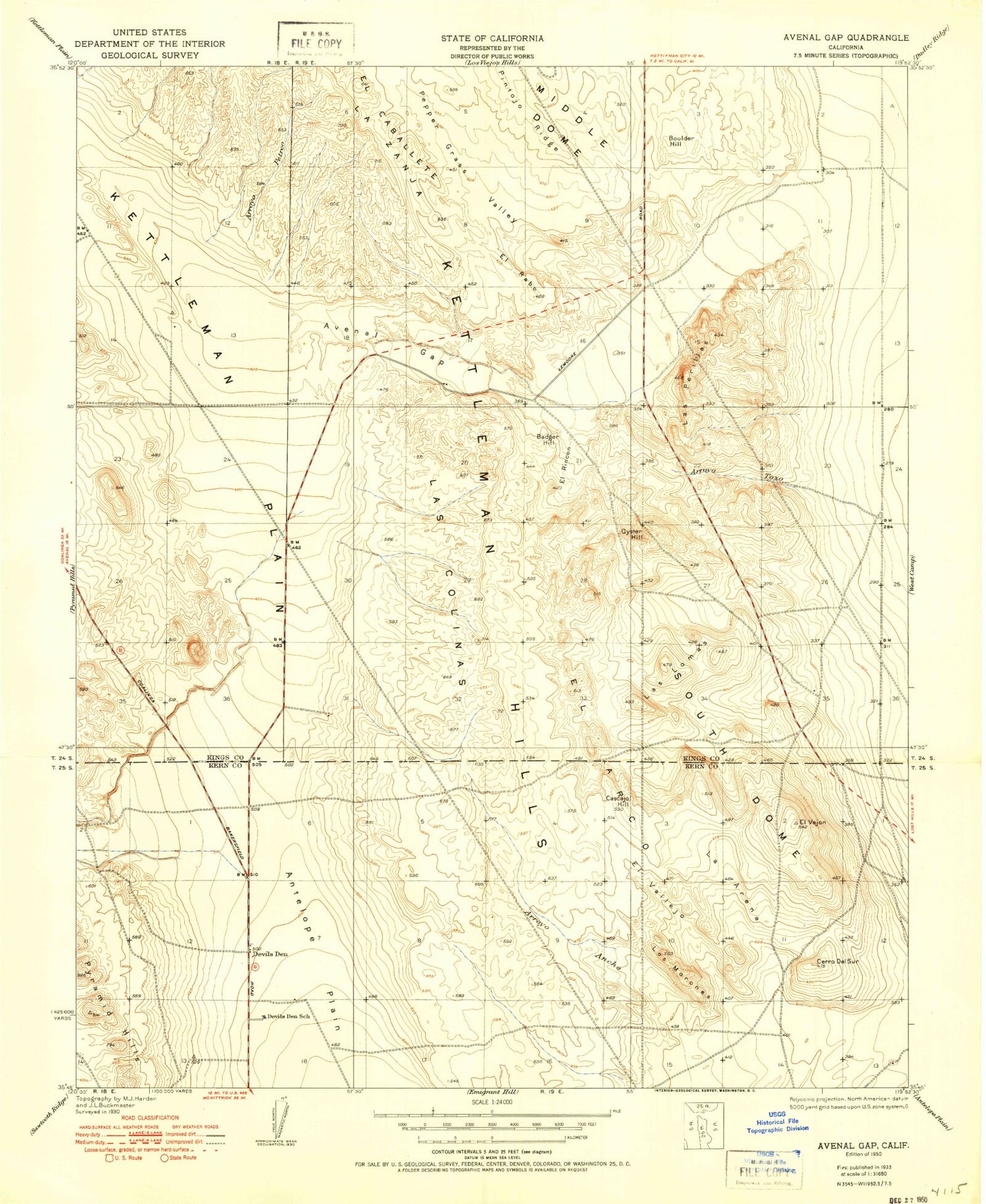 Classic USGS Avenal Gap California 7.5'x7.5' Topo Map Image