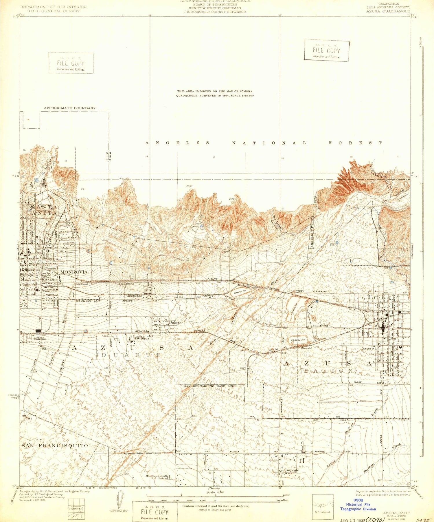 Classic USGS Azusa California 7.5'x7.5' Topo Map Image