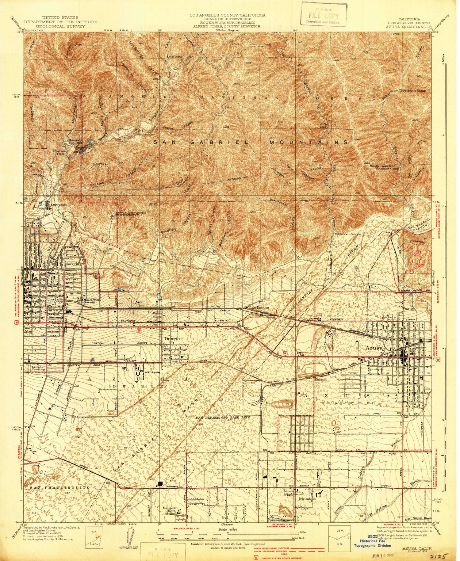 Classic USGS Azusa California 7.5'x7.5' Topo Map Image
