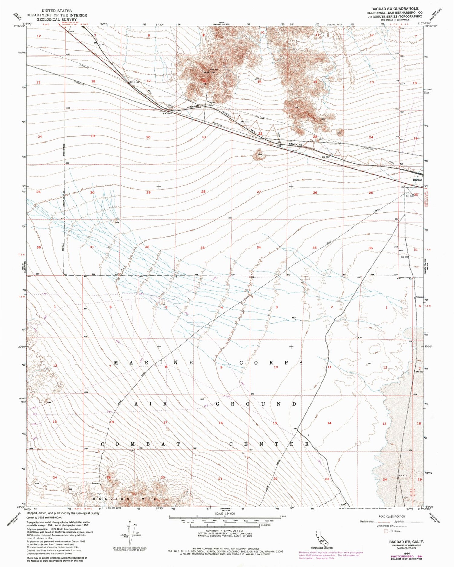 Classic USGS Bagdad SW California 7.5'x7.5' Topo Map Image