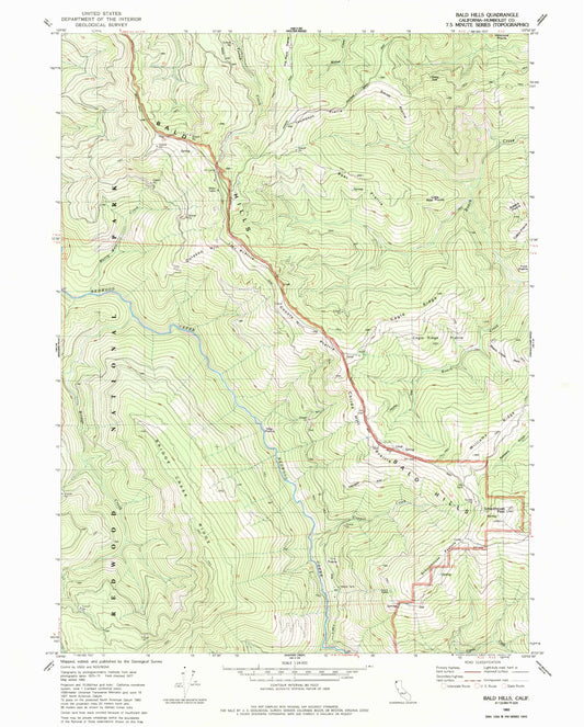 Classic USGS Bald Hills California 7.5'x7.5' Topo Map Image