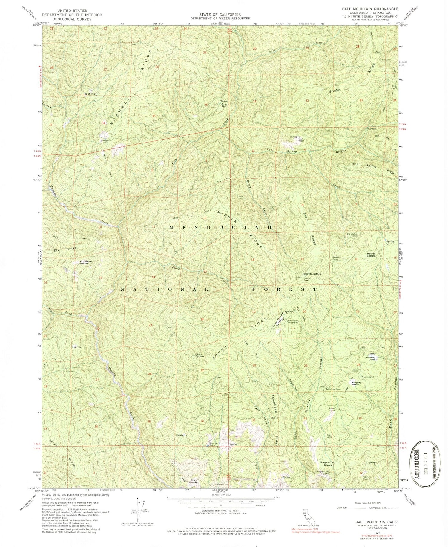 Classic USGS Ball Mountain California 7.5'x7.5' Topo Map Image