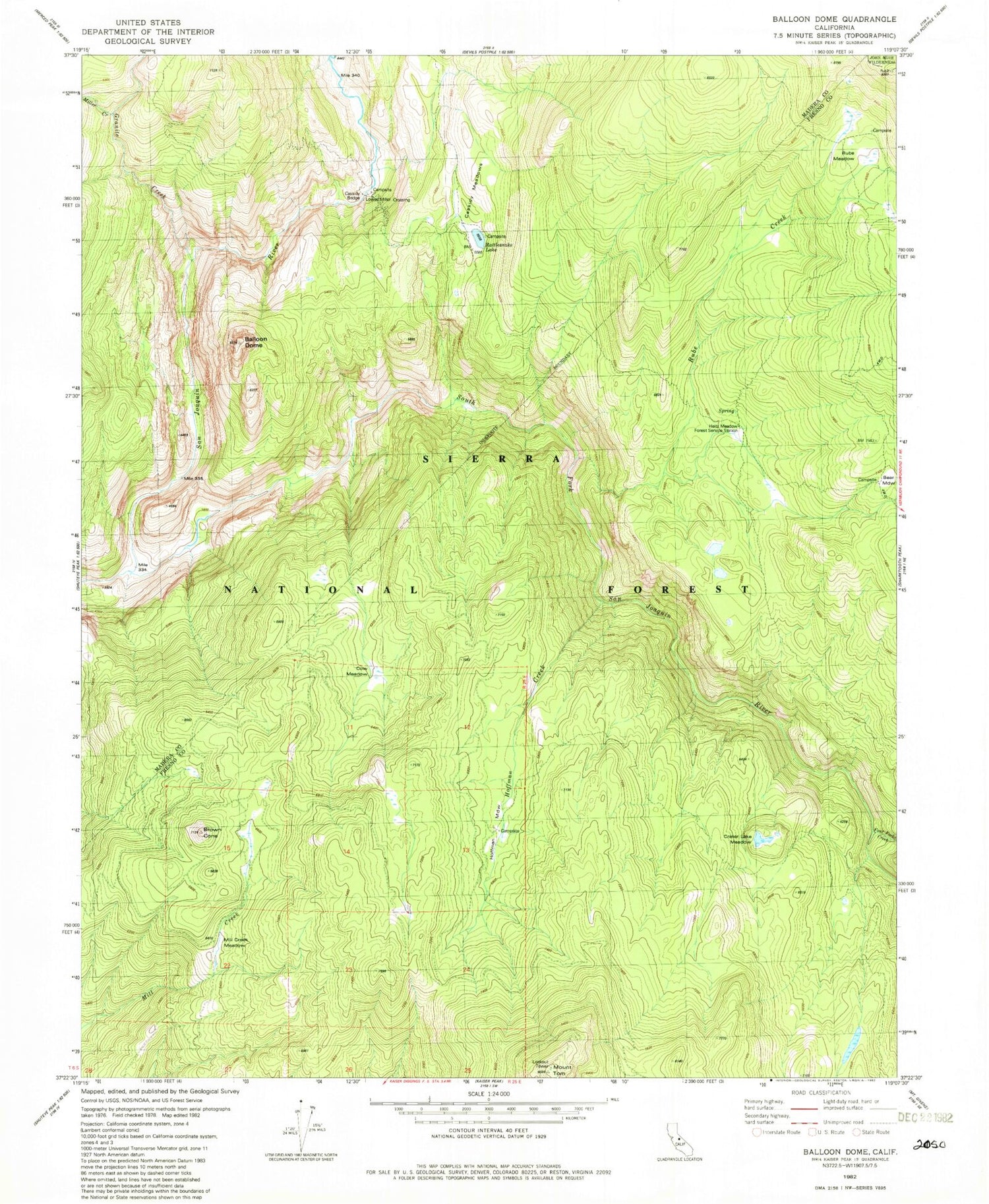 Classic USGS Balloon Dome California 7.5'x7.5' Topo Map Image