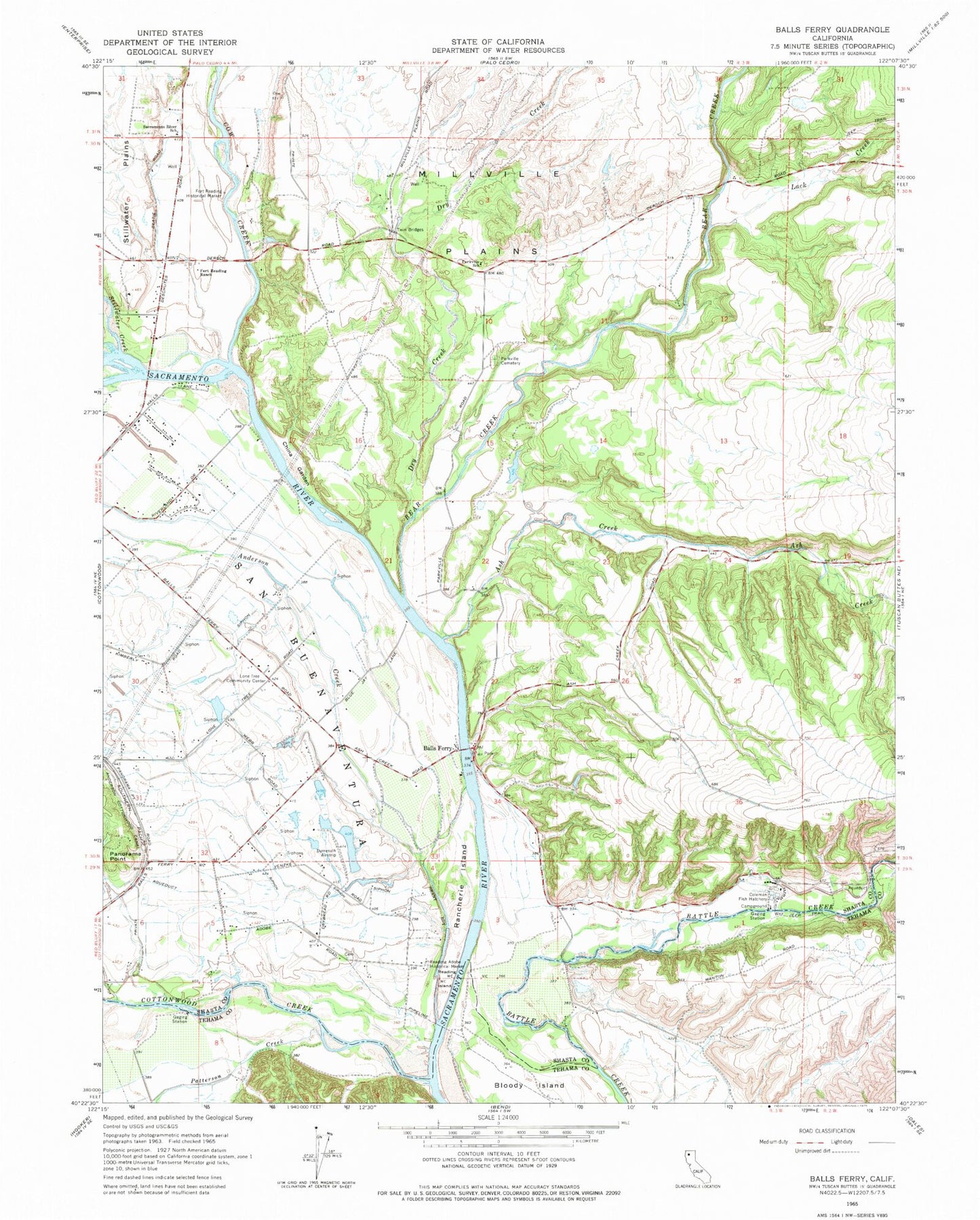 Classic USGS Balls Ferry California 7.5'x7.5' Topo Map Image