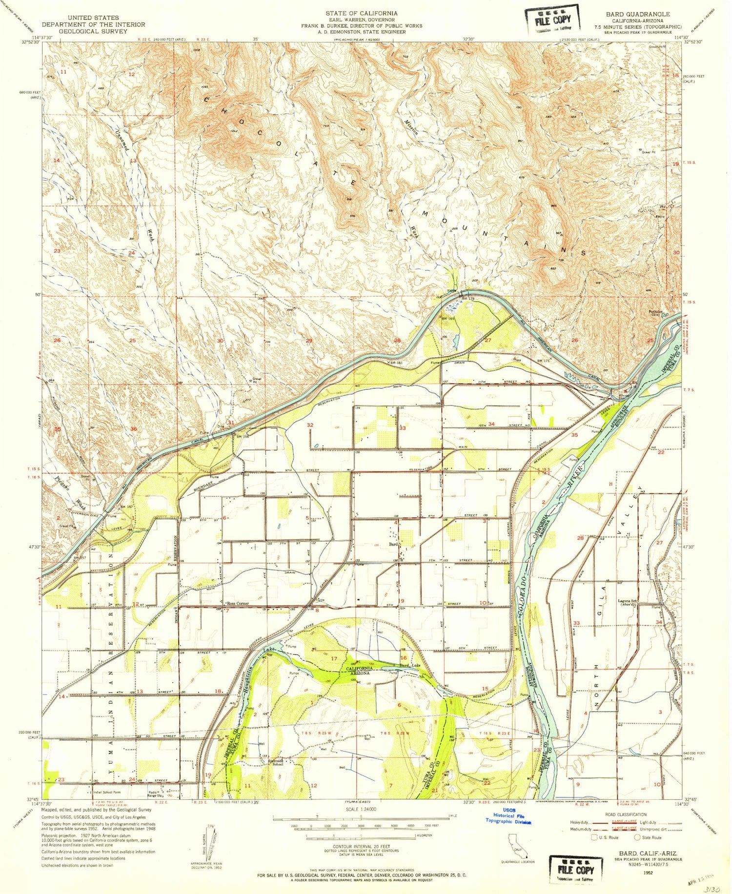 Classic USGS Bard California 7.5'x7.5' Topo Map Image