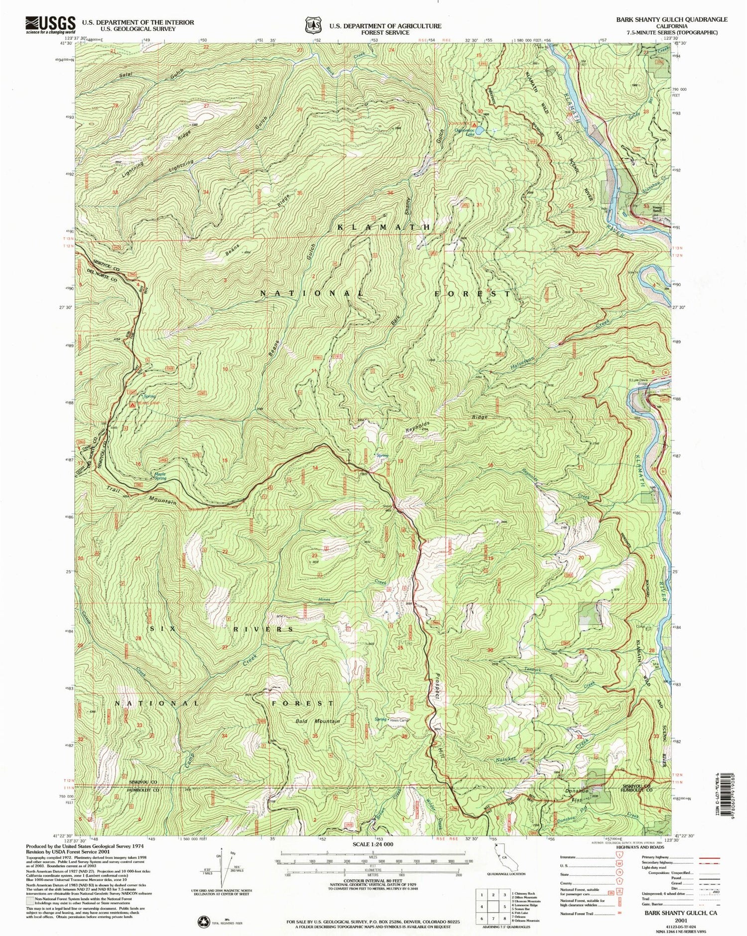 Classic USGS Bark Shanty Gulch California 7.5'x7.5' Topo Map Image