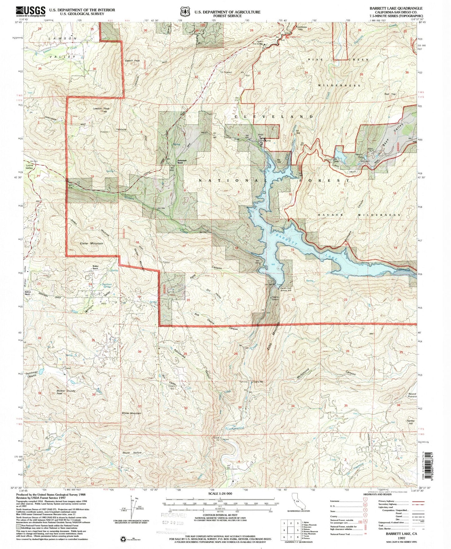 Classic USGS Barrett Lake California 7.5'x7.5' Topo Map Image