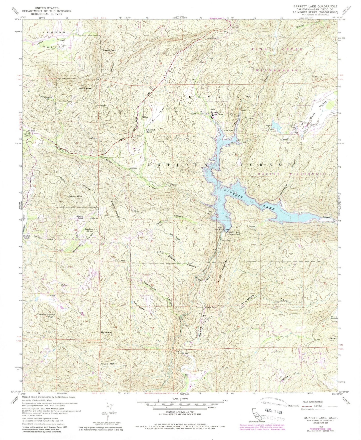 Classic USGS Barrett Lake California 7.5'x7.5' Topo Map Image