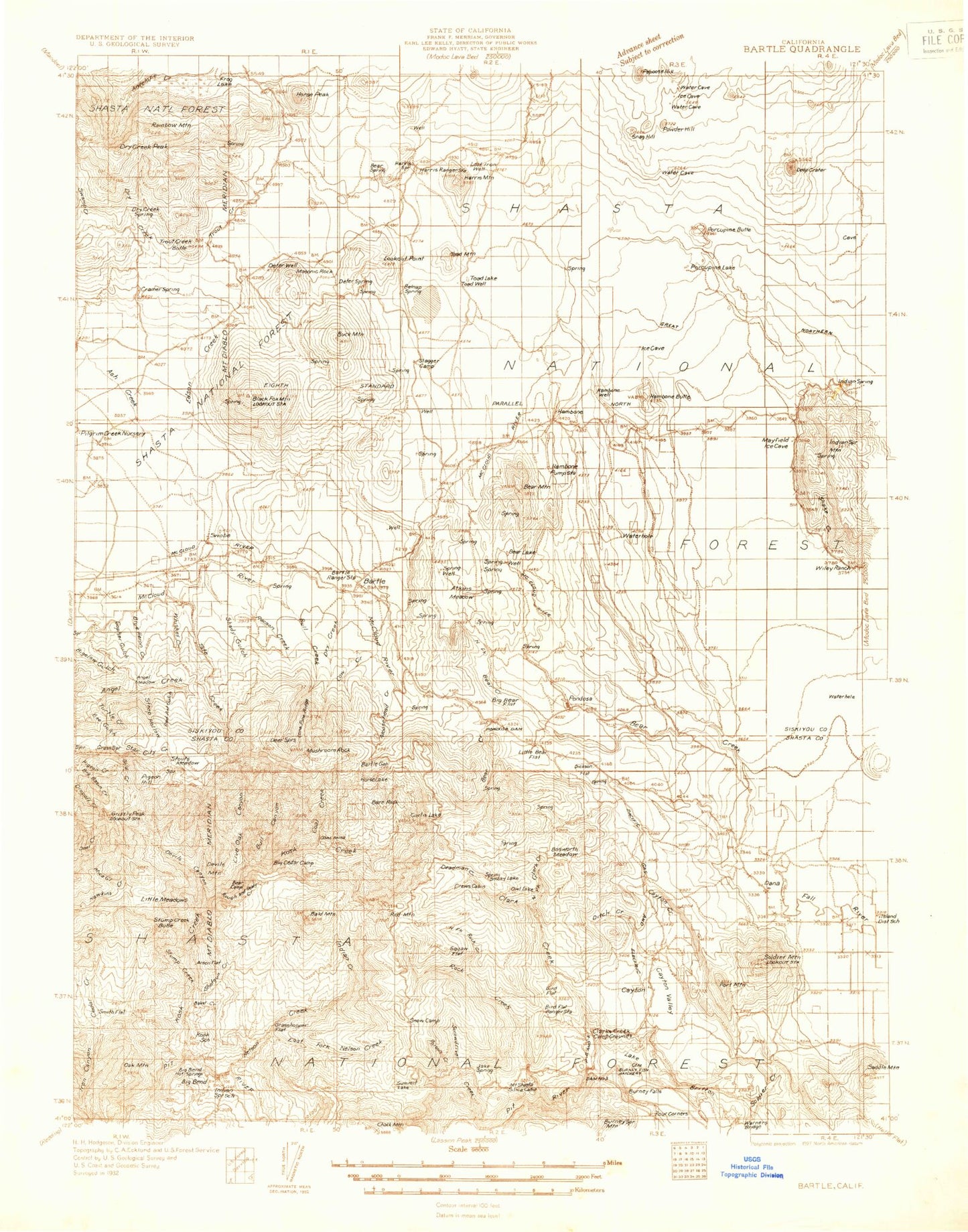 Historic 1932 Bartle California 30'x30' Topo Map Image
