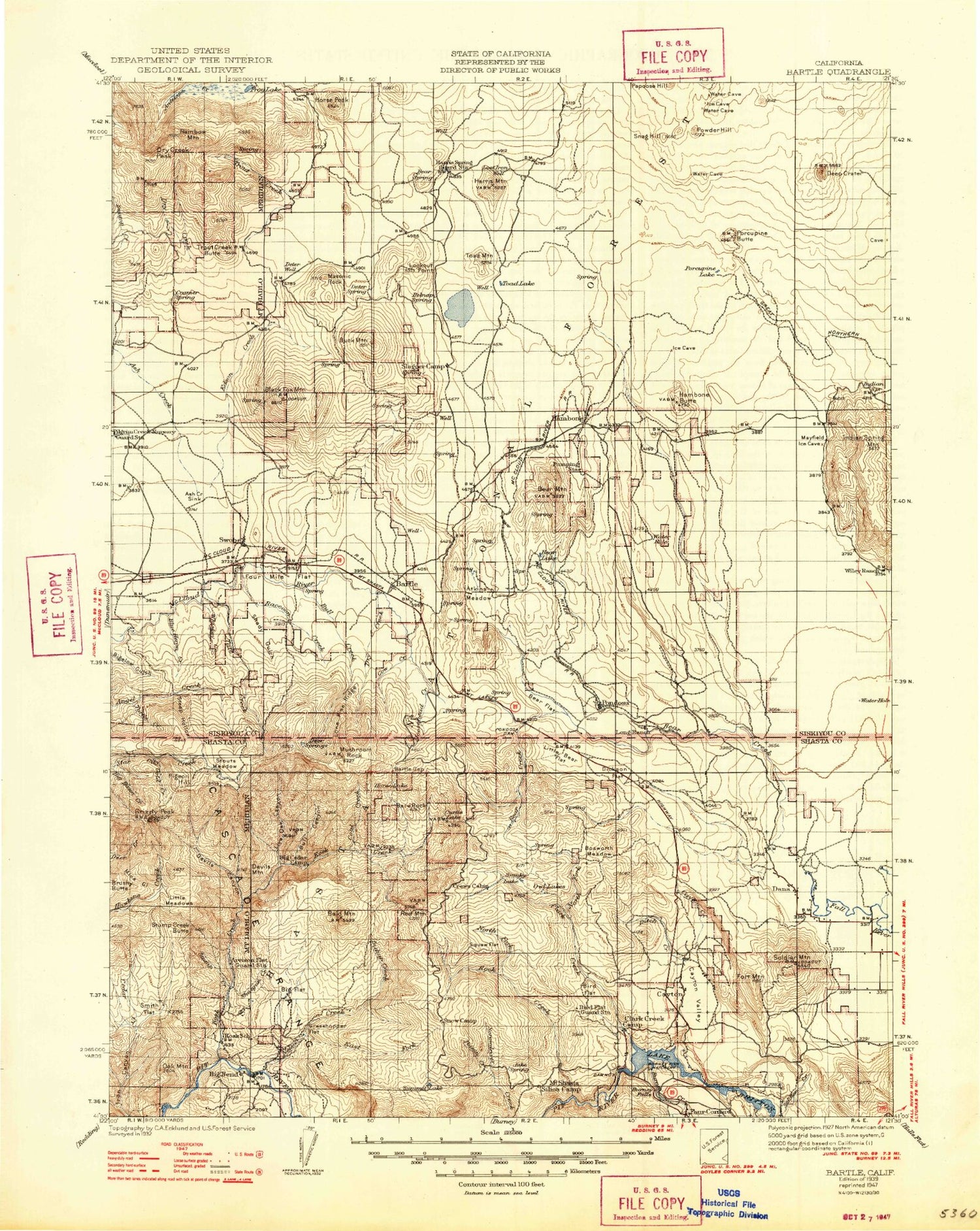 Historic 1939 Bartle California 30'x30' Topo Map Image