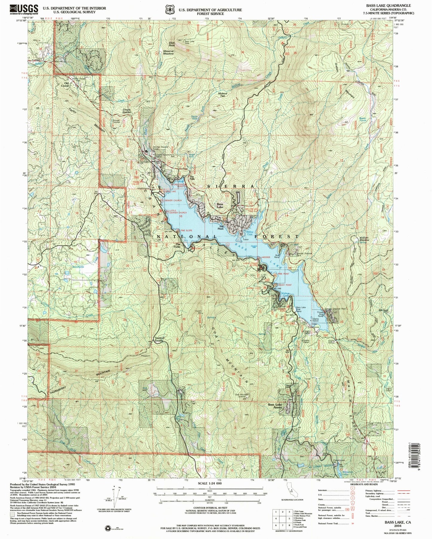 Classic USGS Bass Lake California 7.5'x7.5' Topo Map Image
