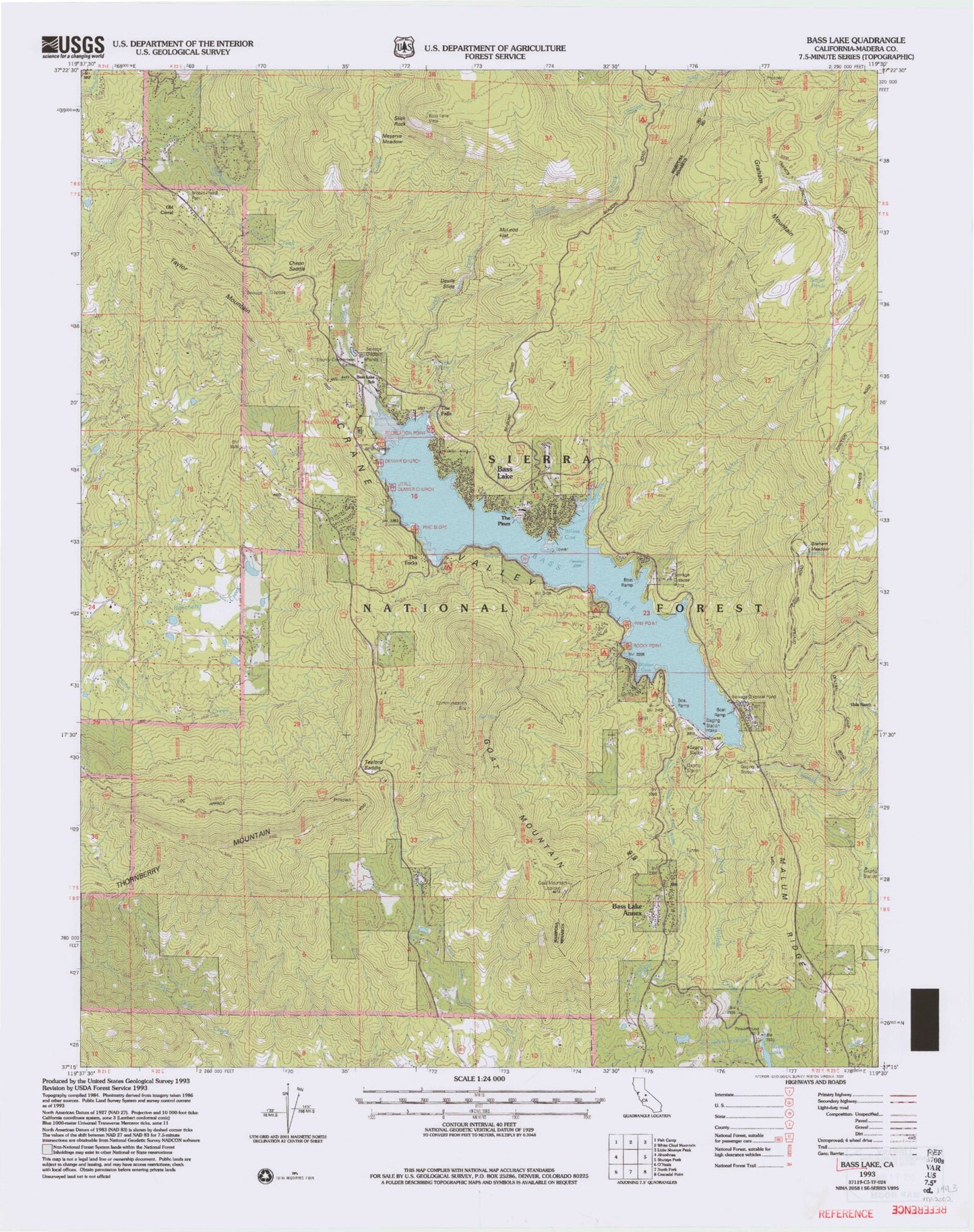 Classic USGS Bass Lake California 7.5'x7.5' Topo Map Image