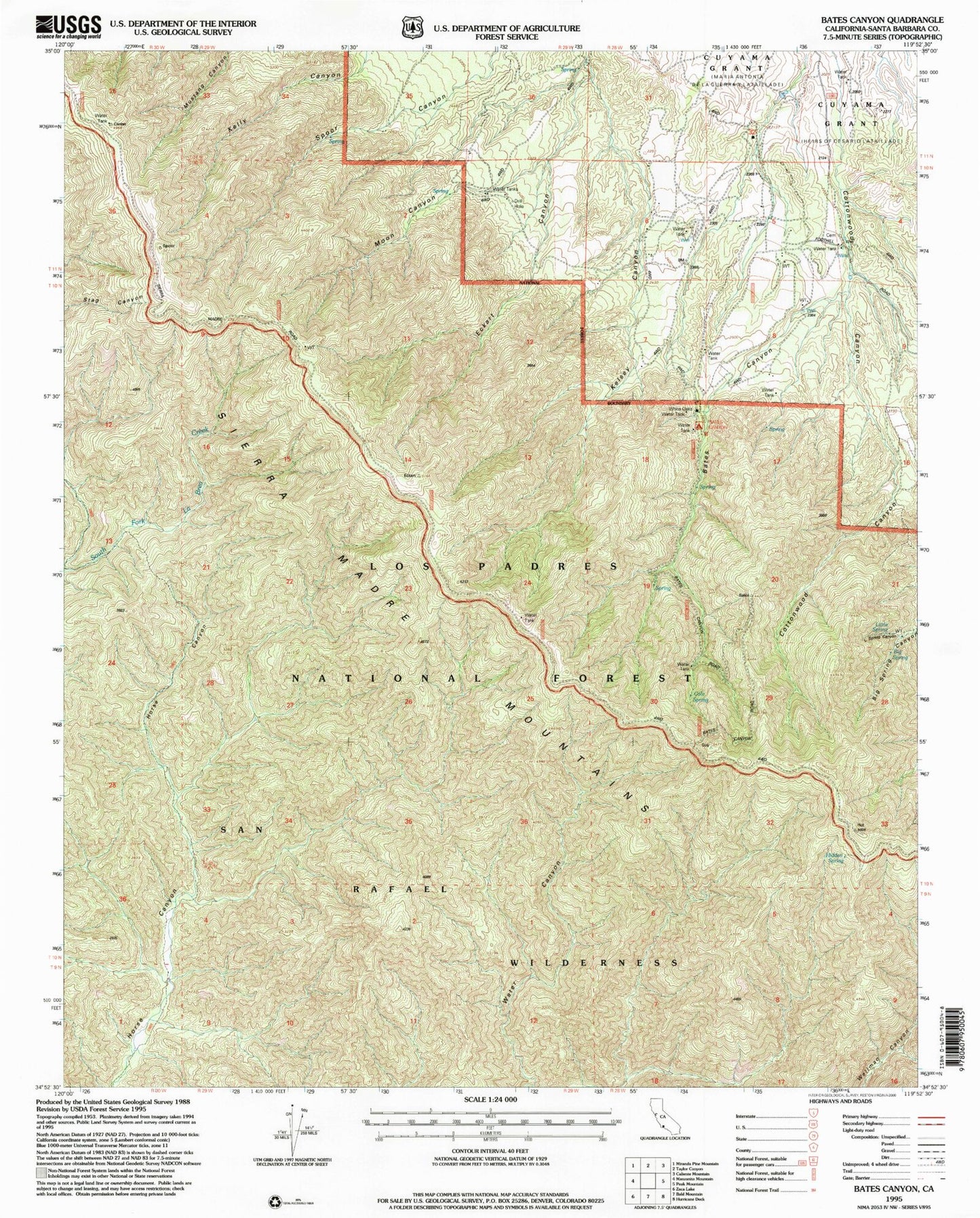 Classic USGS Bates Canyon California 7.5'x7.5' Topo Map Image