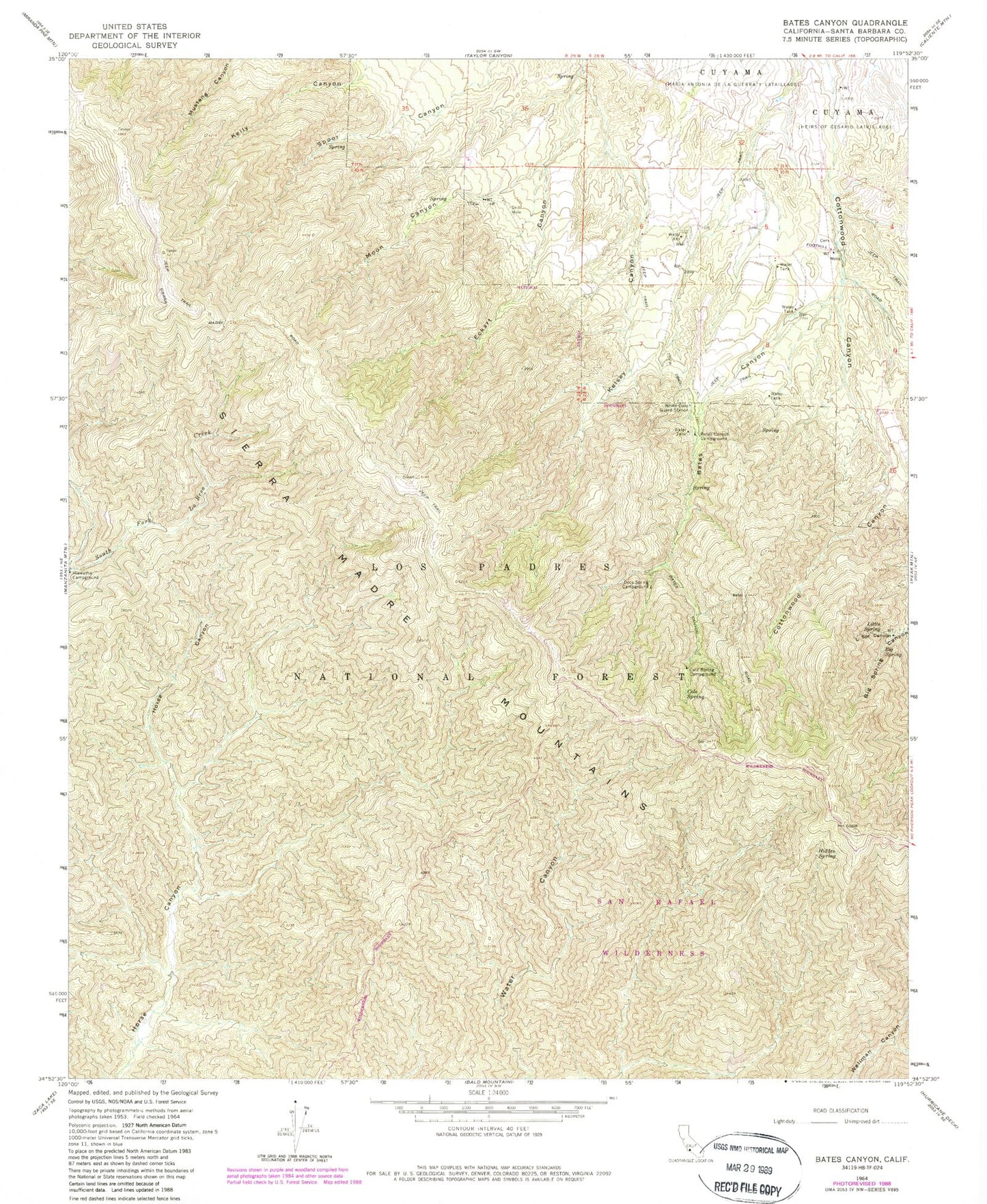 Classic USGS Bates Canyon California 7.5'x7.5' Topo Map Image