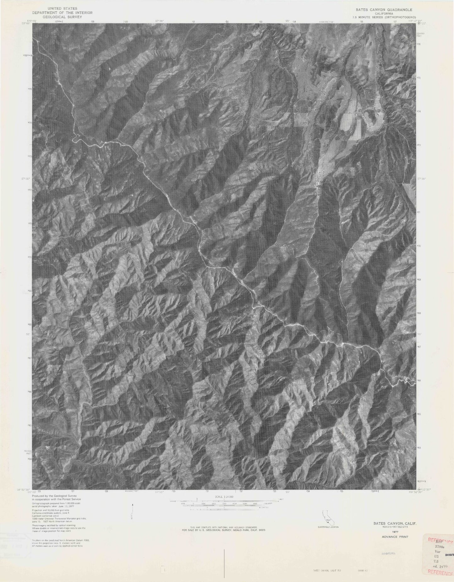 Classic USGS Bates Canyon California 7.5'x7.5' Topo Map Image