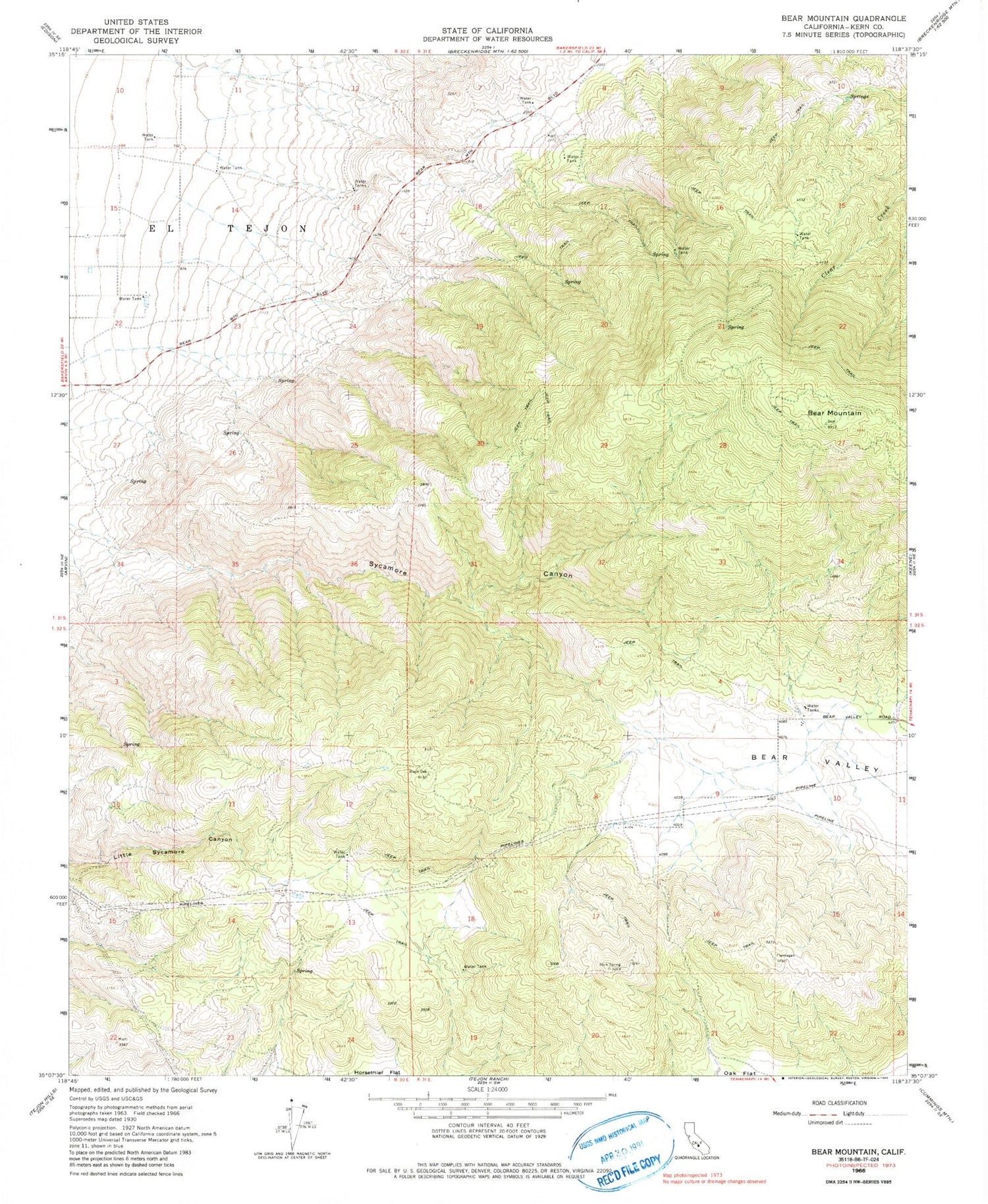 Classic USGS Bear Mountain California 7.5'x7.5' Topo Map Image