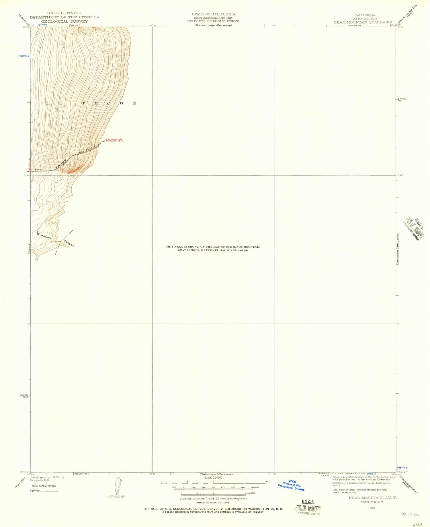 Classic USGS Bear Mountain California 7.5'x7.5' Topo Map Image