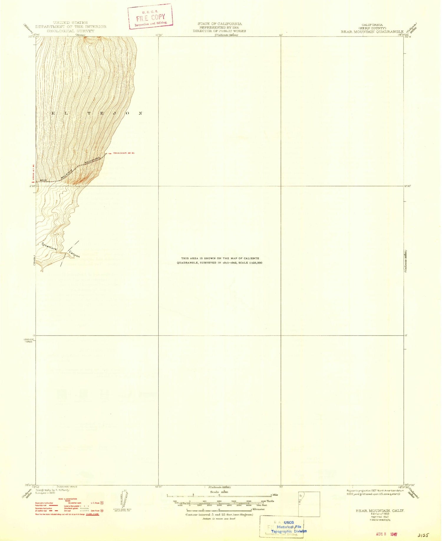 Classic USGS Bear Mountain California 7.5'x7.5' Topo Map Image