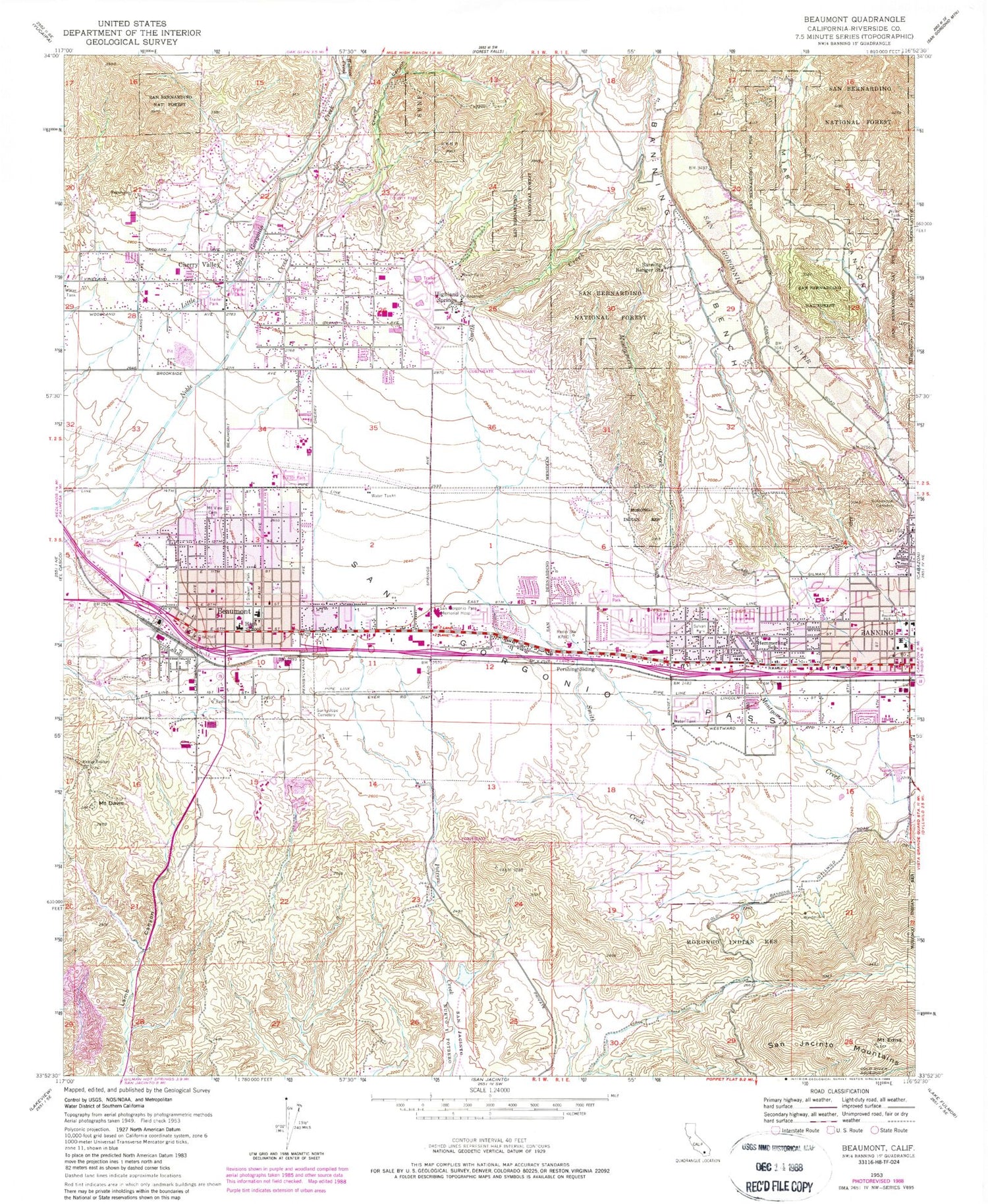 Classic USGS Beaumont California 7.5'x7.5' Topo Map Image