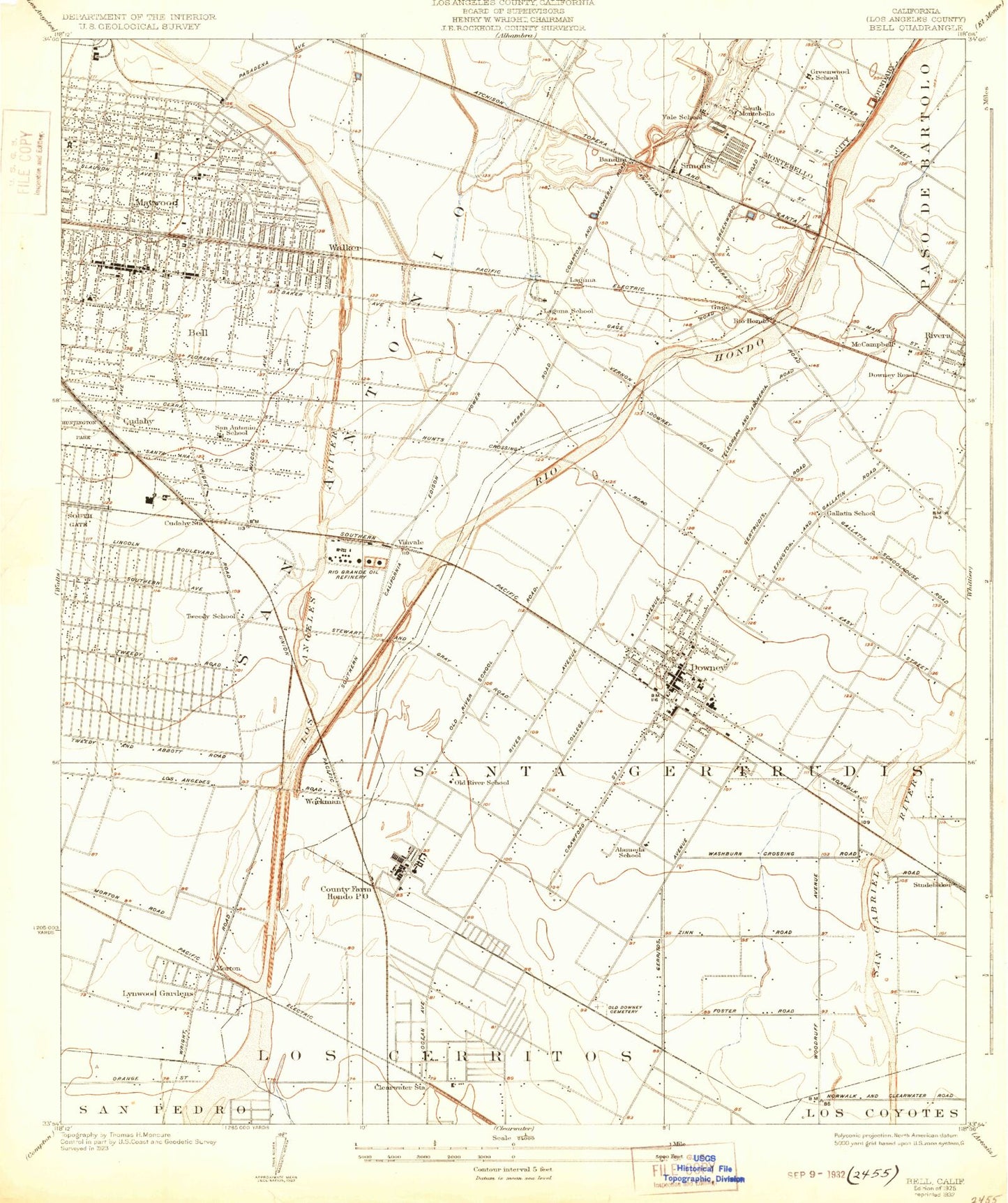 Classic USGS Bell California 7.5'x7.5' Topo Map Image