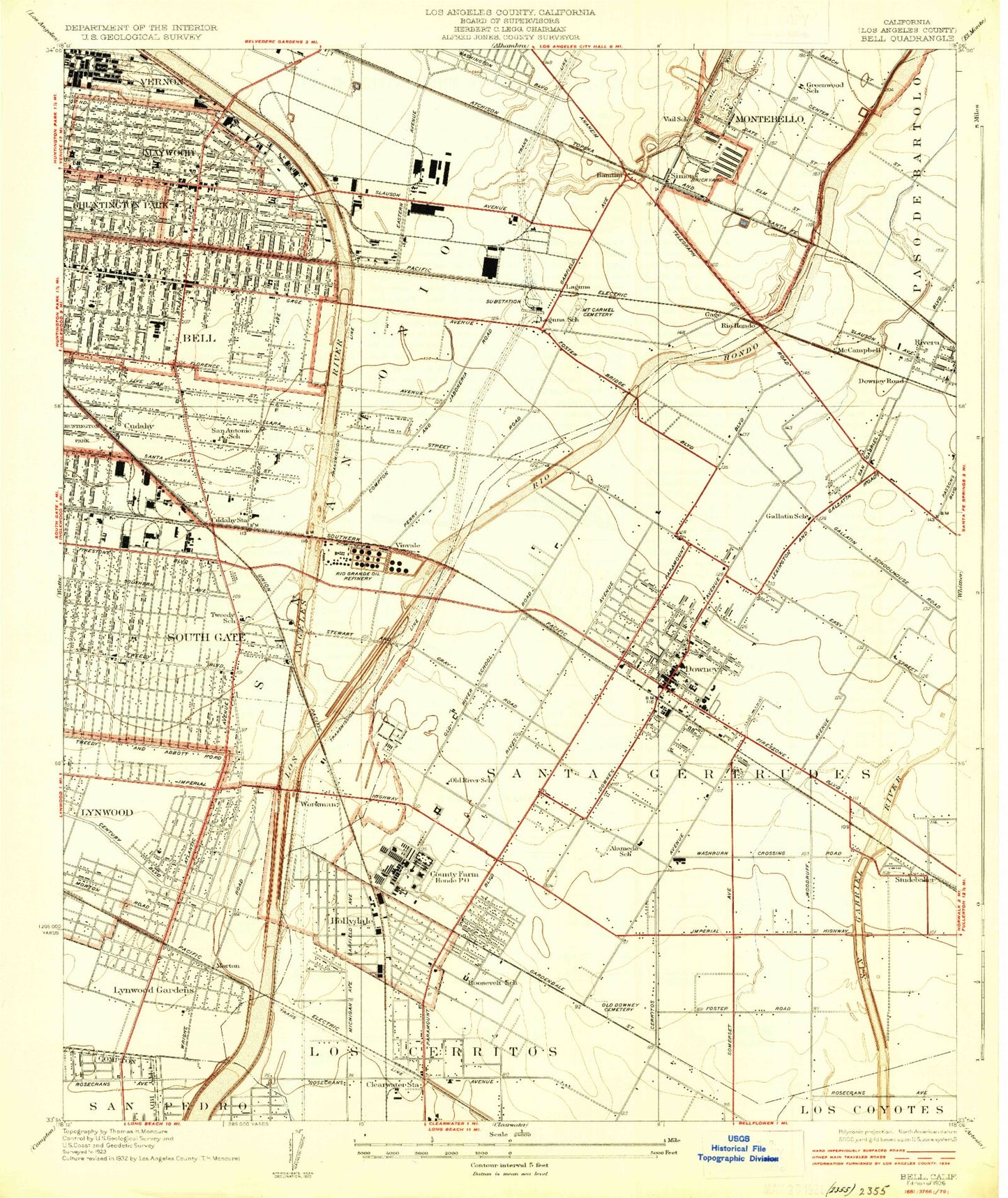 Classic USGS Bell California 7.5'x7.5' Topo Map Image