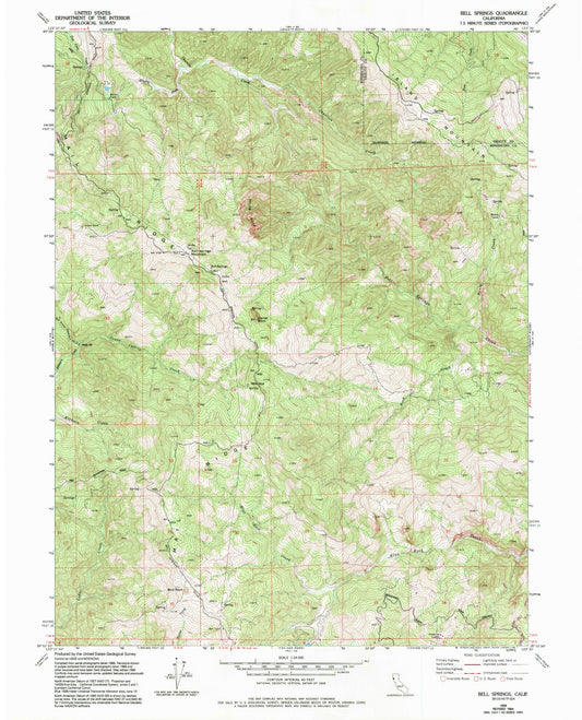 Classic USGS Bell Springs California 7.5'x7.5' Topo Map Image