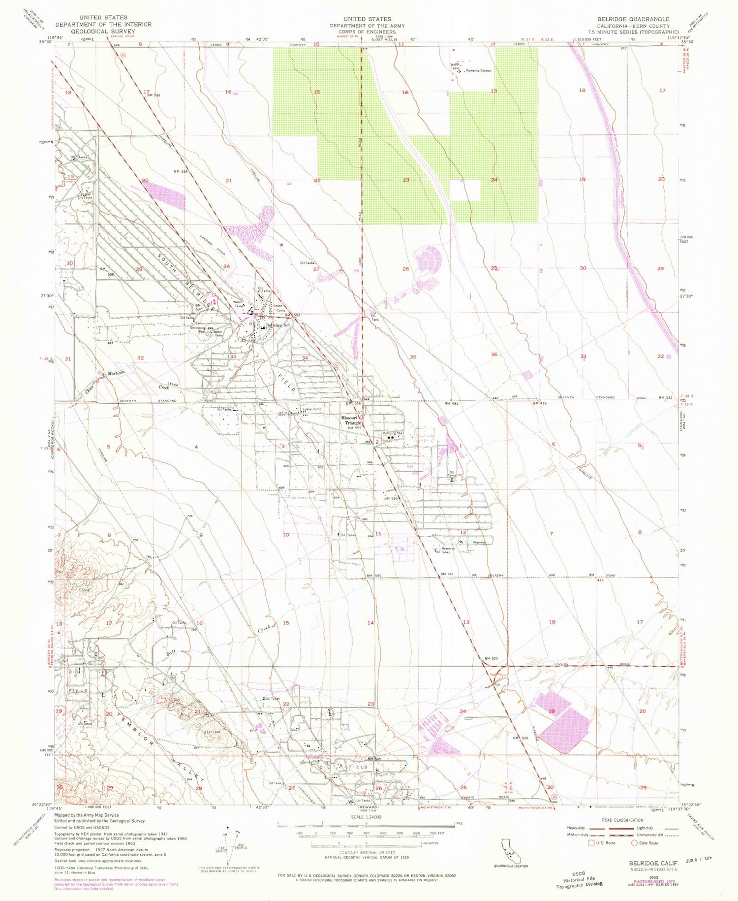 Classic USGS Belridge California 7.5'x7.5' Topo Map Image