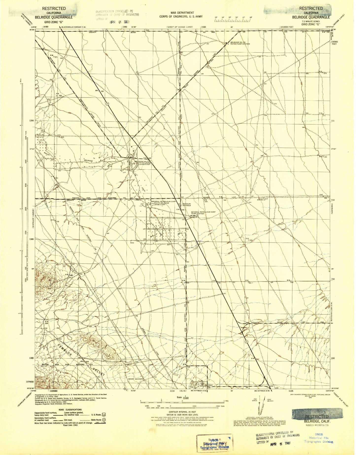 Classic USGS Belridge California 7.5'x7.5' Topo Map Image
