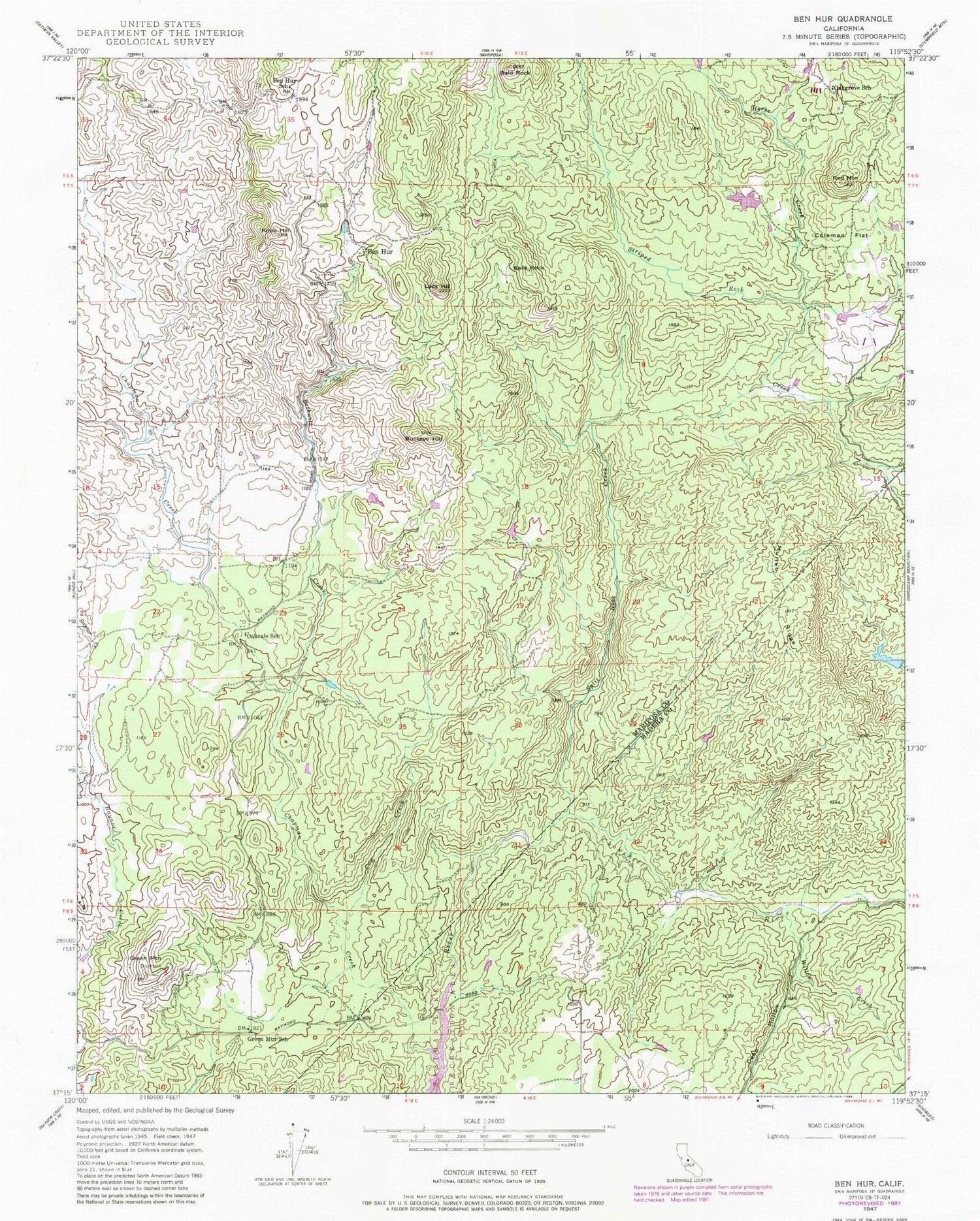Classic USGS Ben Hur California 7.5'x7.5' Topo Map Image
