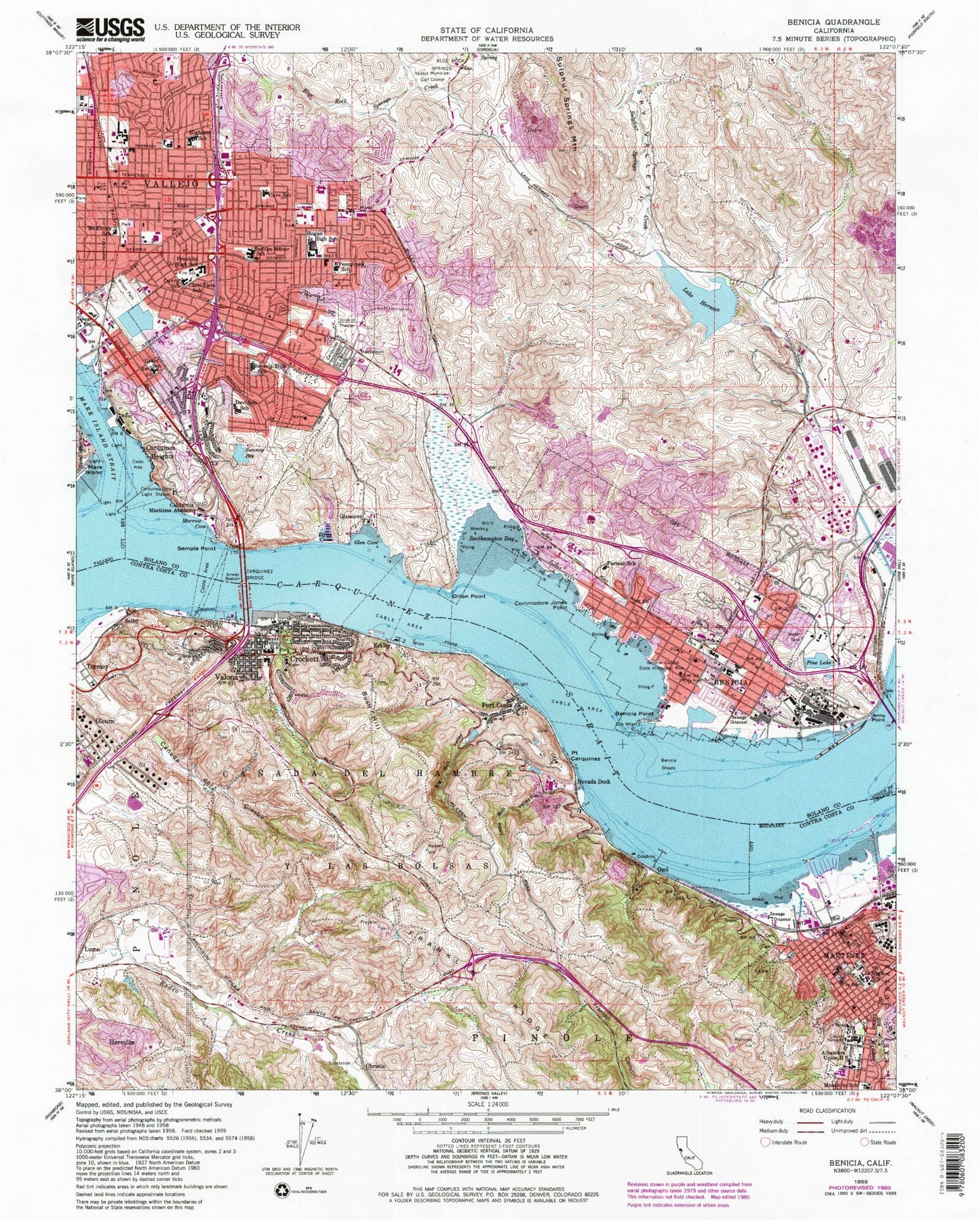 Classic USGS Benicia California 7.5'x7.5' Topo Map Image