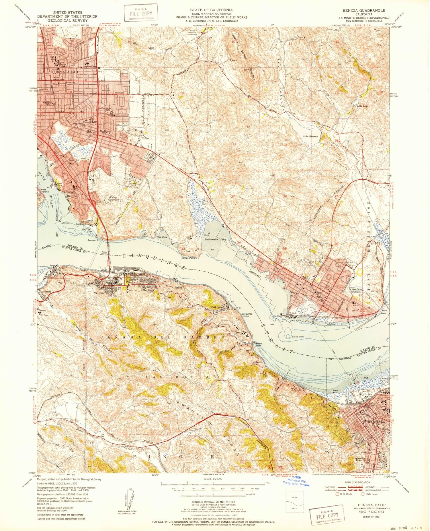 Classic USGS Benicia California 7.5'x7.5' Topo Map Image