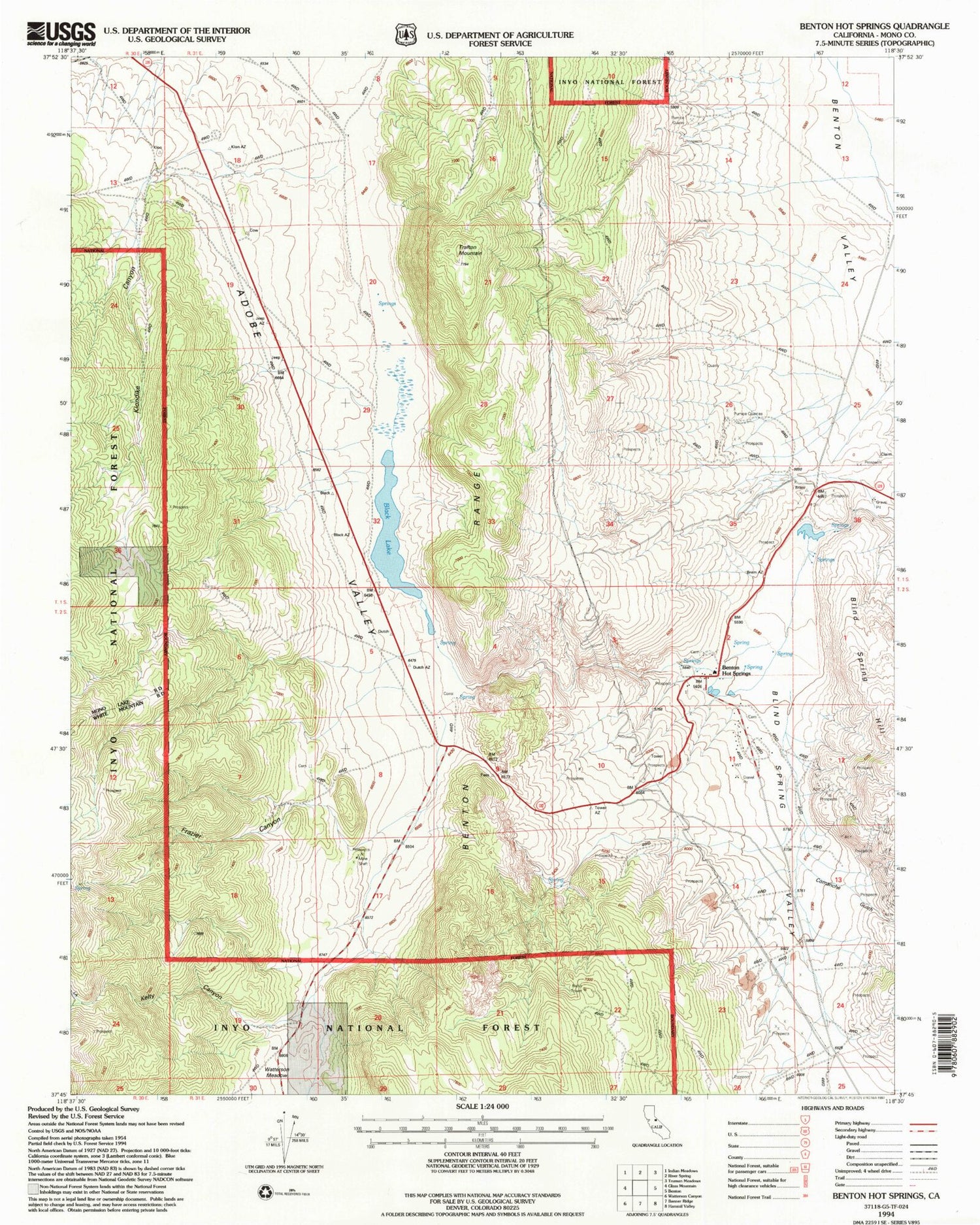 Classic USGS Benton Hot Springs California 7.5'x7.5' Topo Map Image
