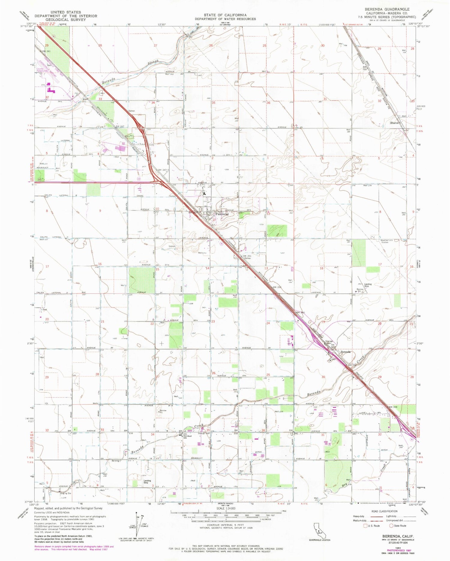 Classic USGS Berenda California 7.5'x7.5' Topo Map Image