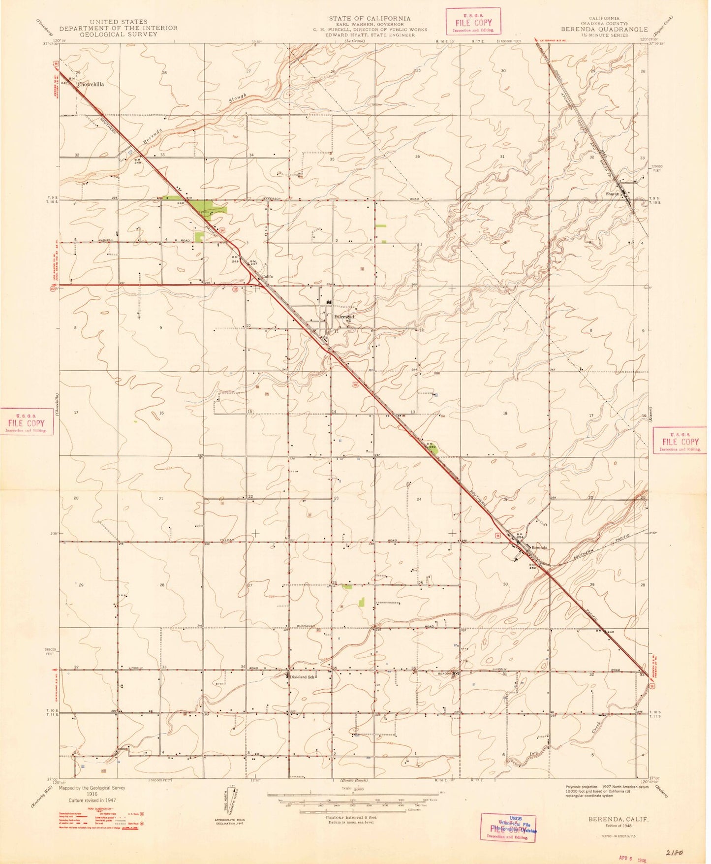 Classic USGS Berenda California 7.5'x7.5' Topo Map Image