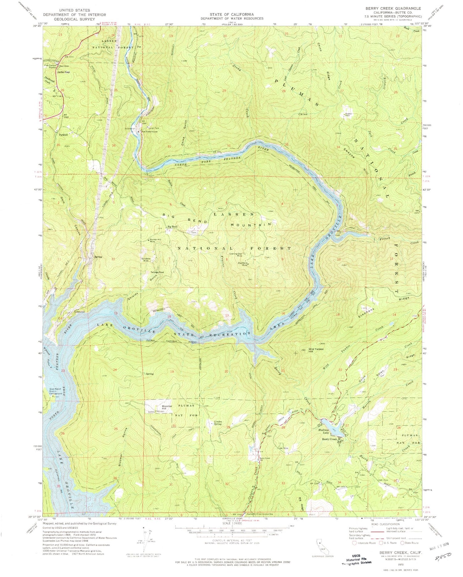 Classic USGS Berry Creek California 7.5'x7.5' Topo Map Image