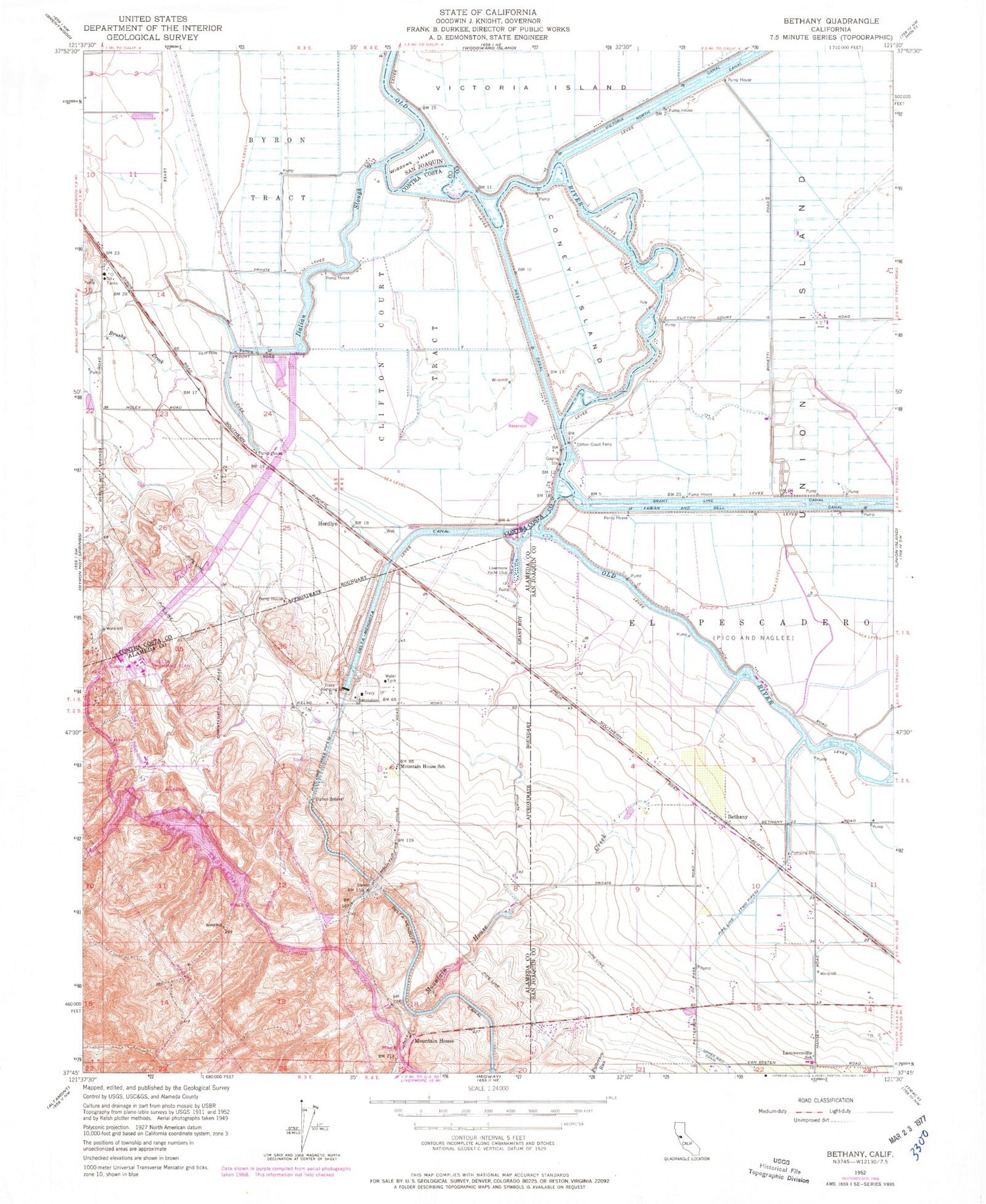Classic USGS Clifton Court Forebay California 7.5'x7.5' Topo Map Image