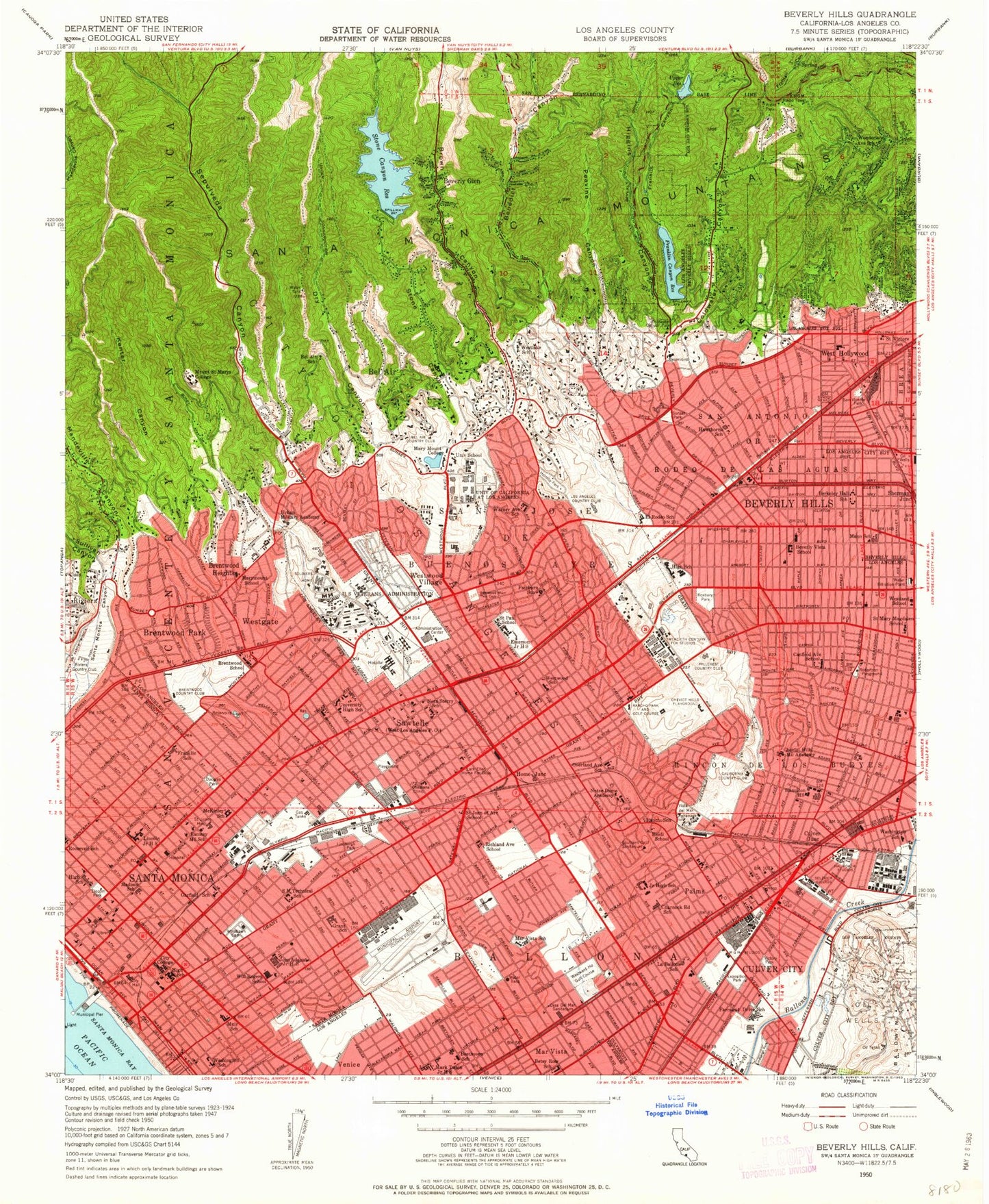 Classic USGS Beverly Hills California 7.5'x7.5' Topo Map Image