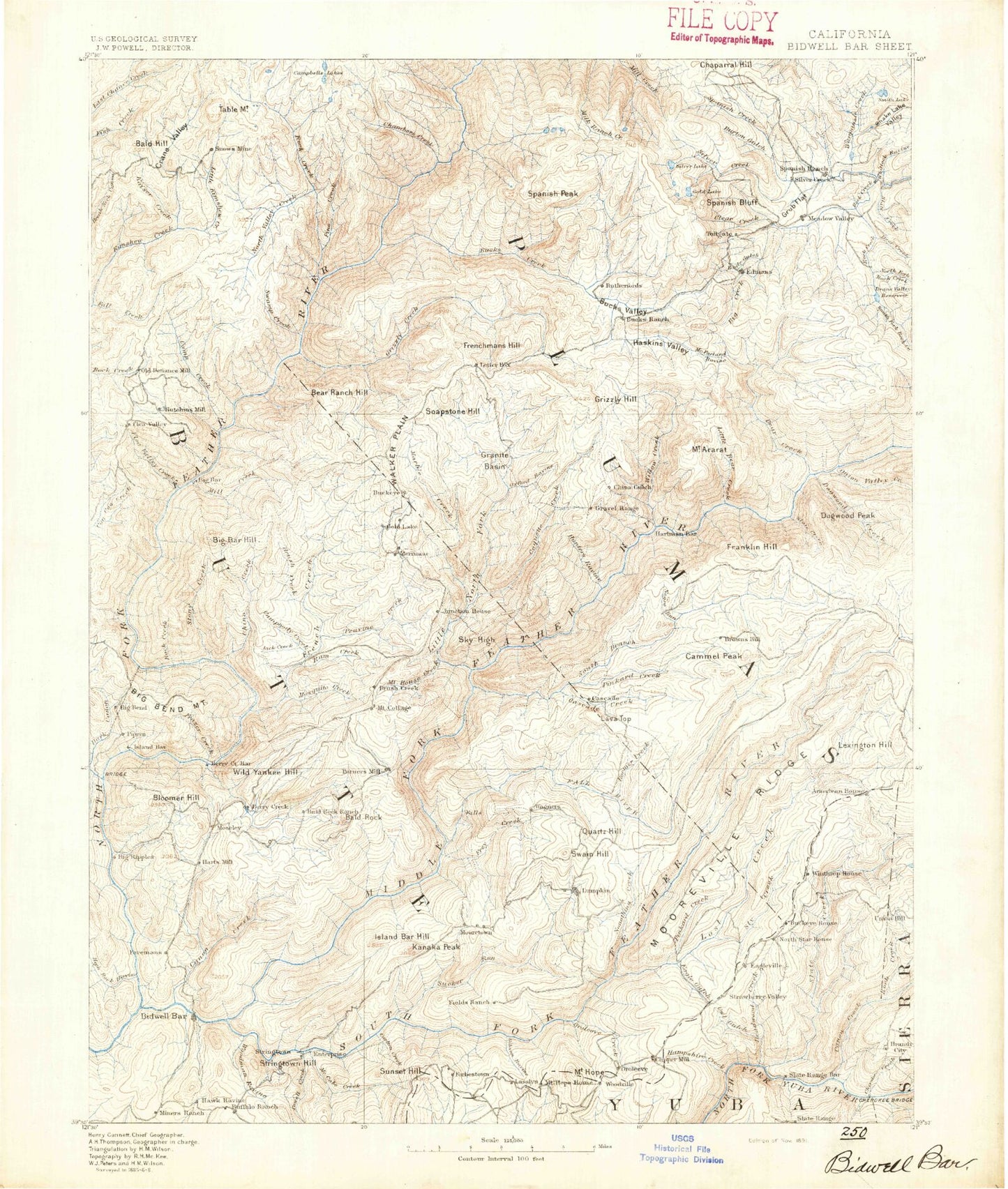 Historic 1891 Bidwell Bar California 30'x30' Topo Map Image