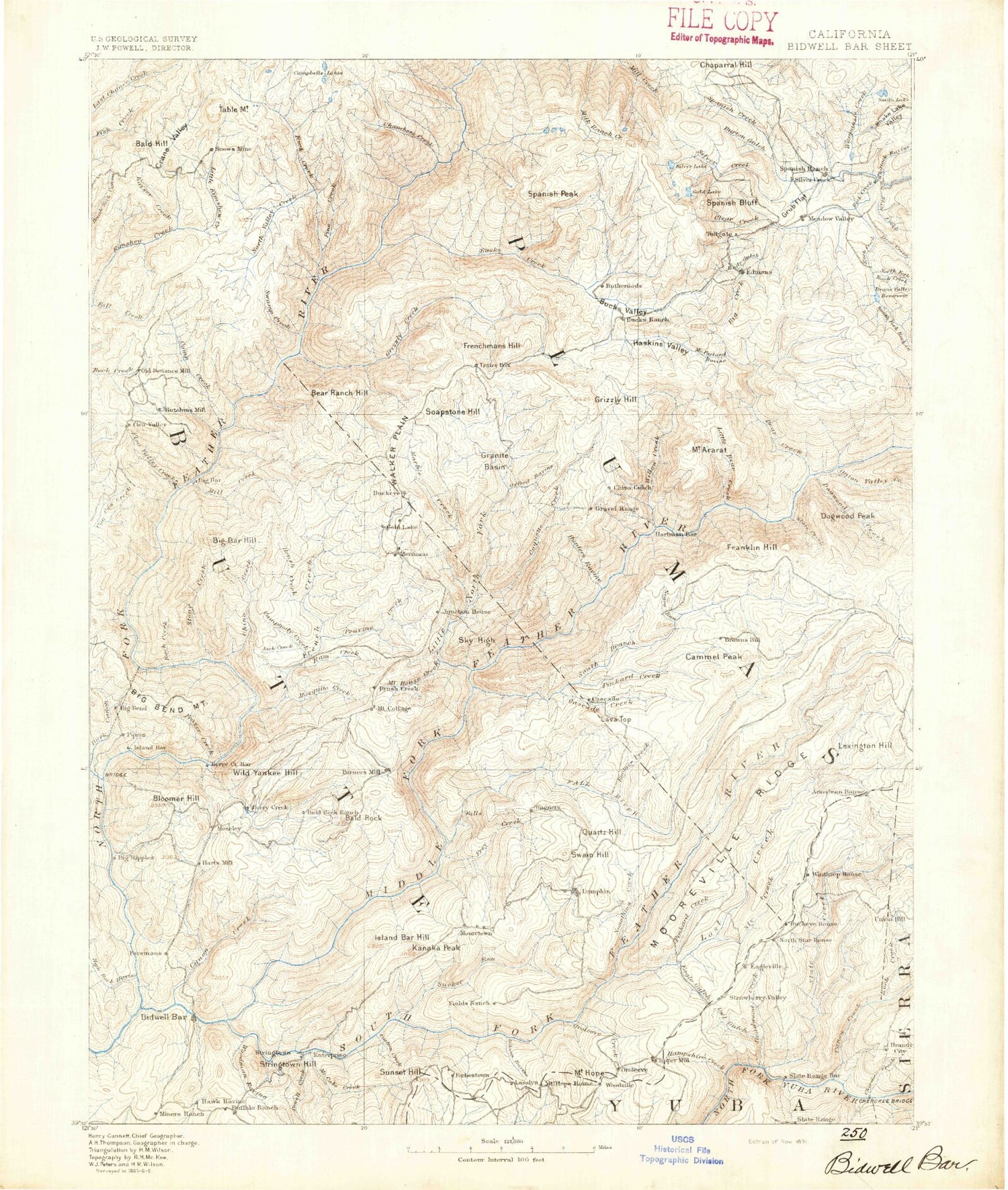 Historic 1891 Bidwell Bar California 30'x30' Topo Map Image