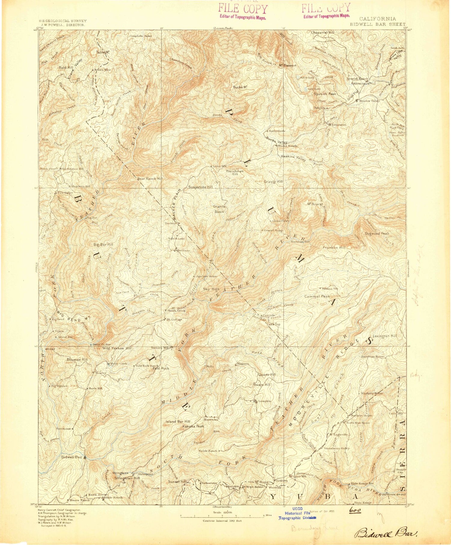 Historic 1893 Bidwell Bar California 30'x30' Topo Map Image