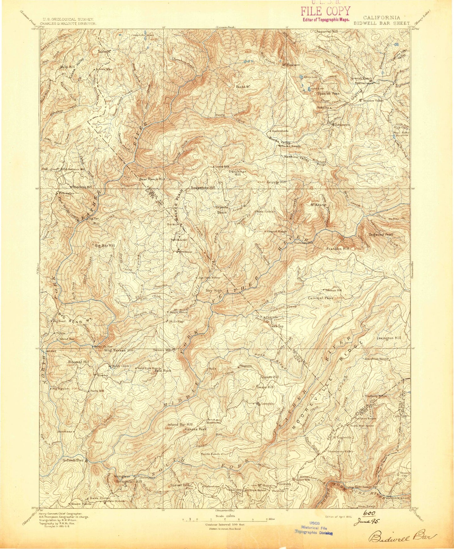 Historic 1895 Bidwell Bar California 30'x30' Topo Map Image