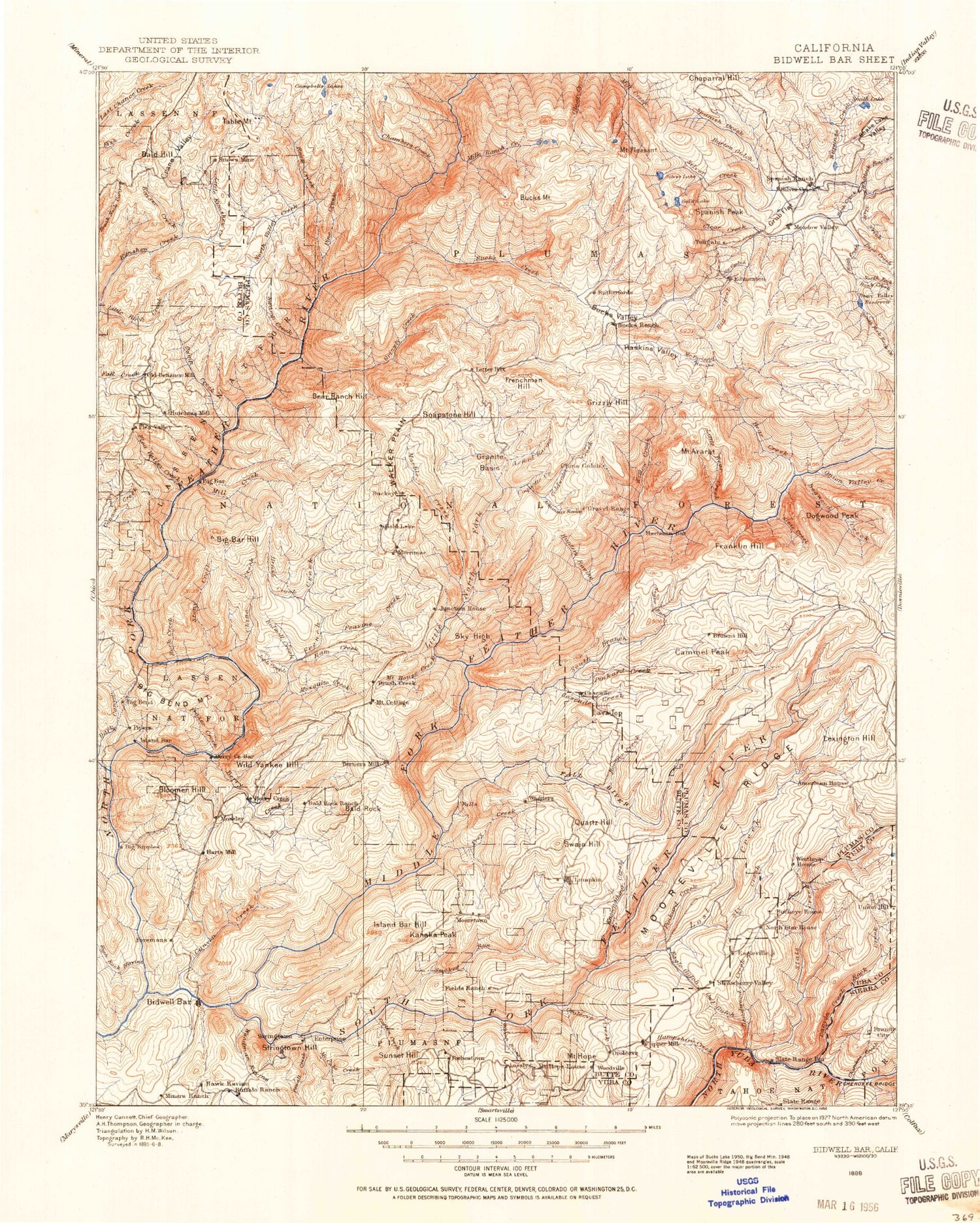 Historic 1888 Bidwell Bar California 30'x30' Topo Map Image