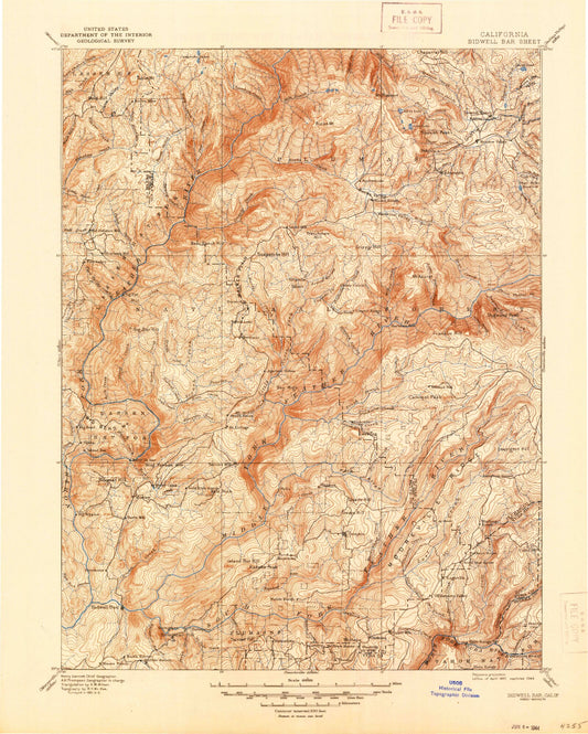 Historic 1897 Bidwell Bar California 30'x30' Topo Map Image