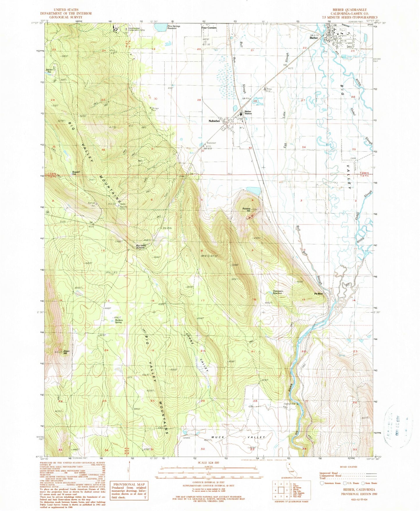 Classic USGS Bieber California 7.5'x7.5' Topo Map Image