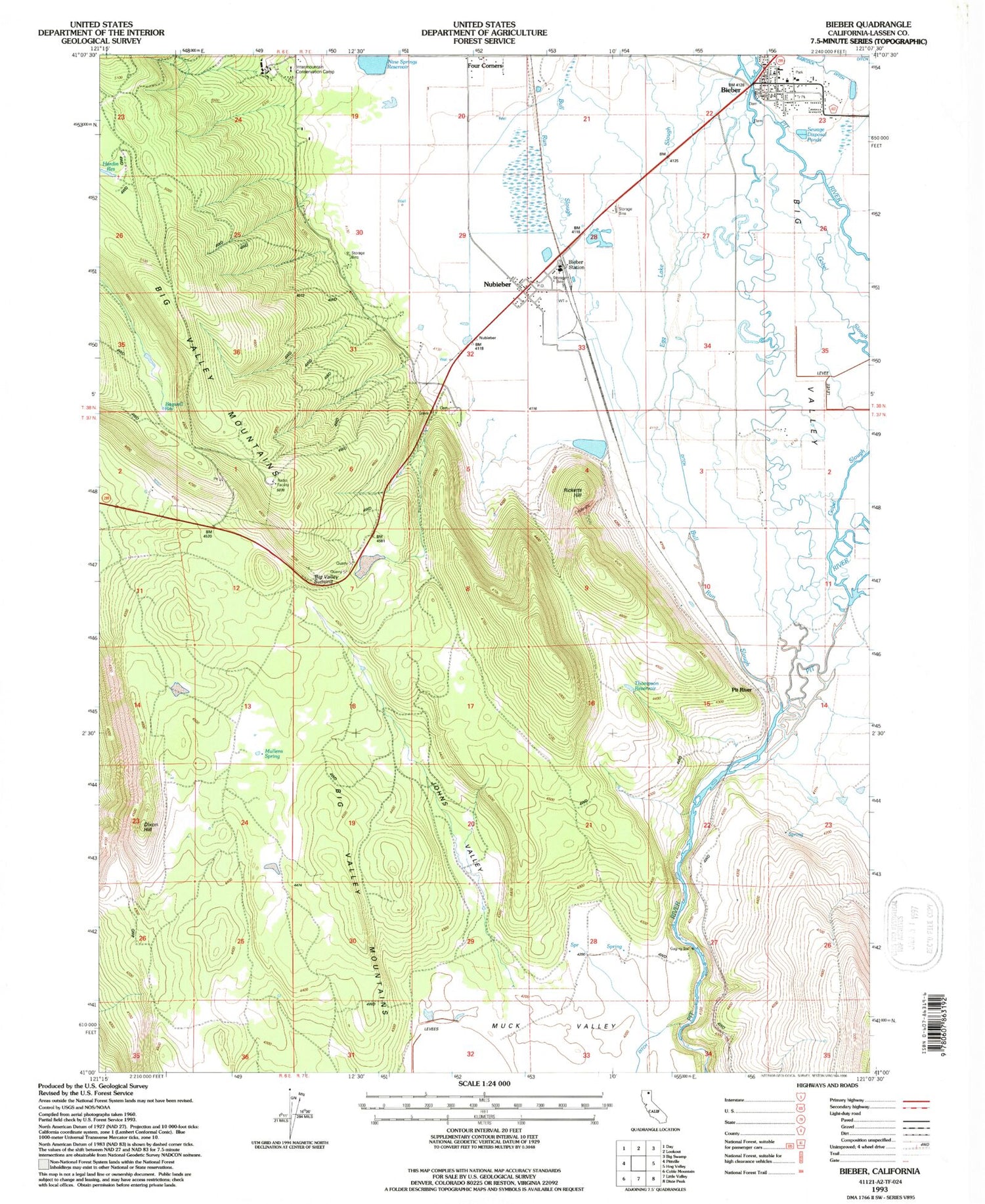 Classic USGS Bieber California 7.5'x7.5' Topo Map Image
