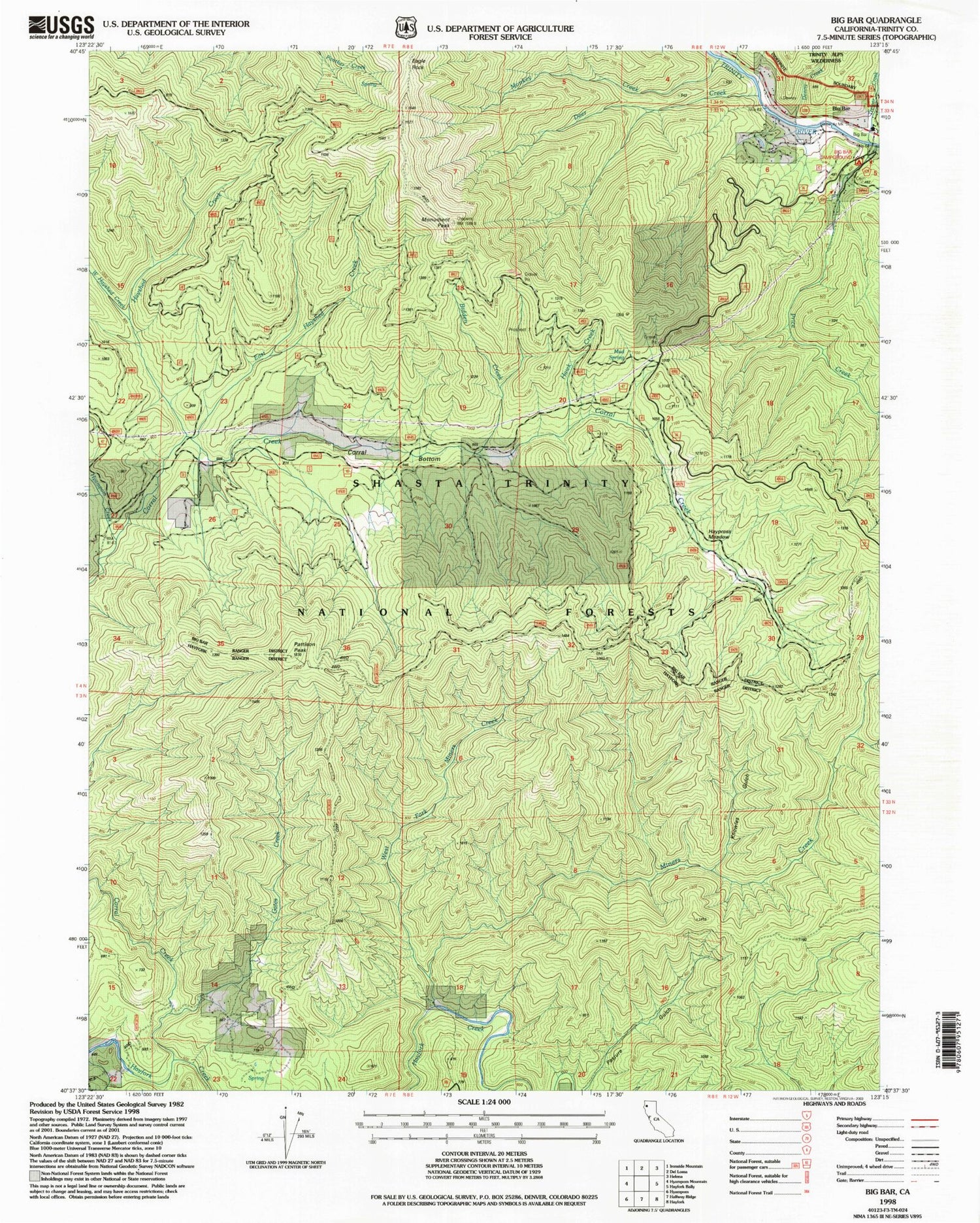 Classic USGS Big Bar California 7.5'x7.5' Topo Map Image