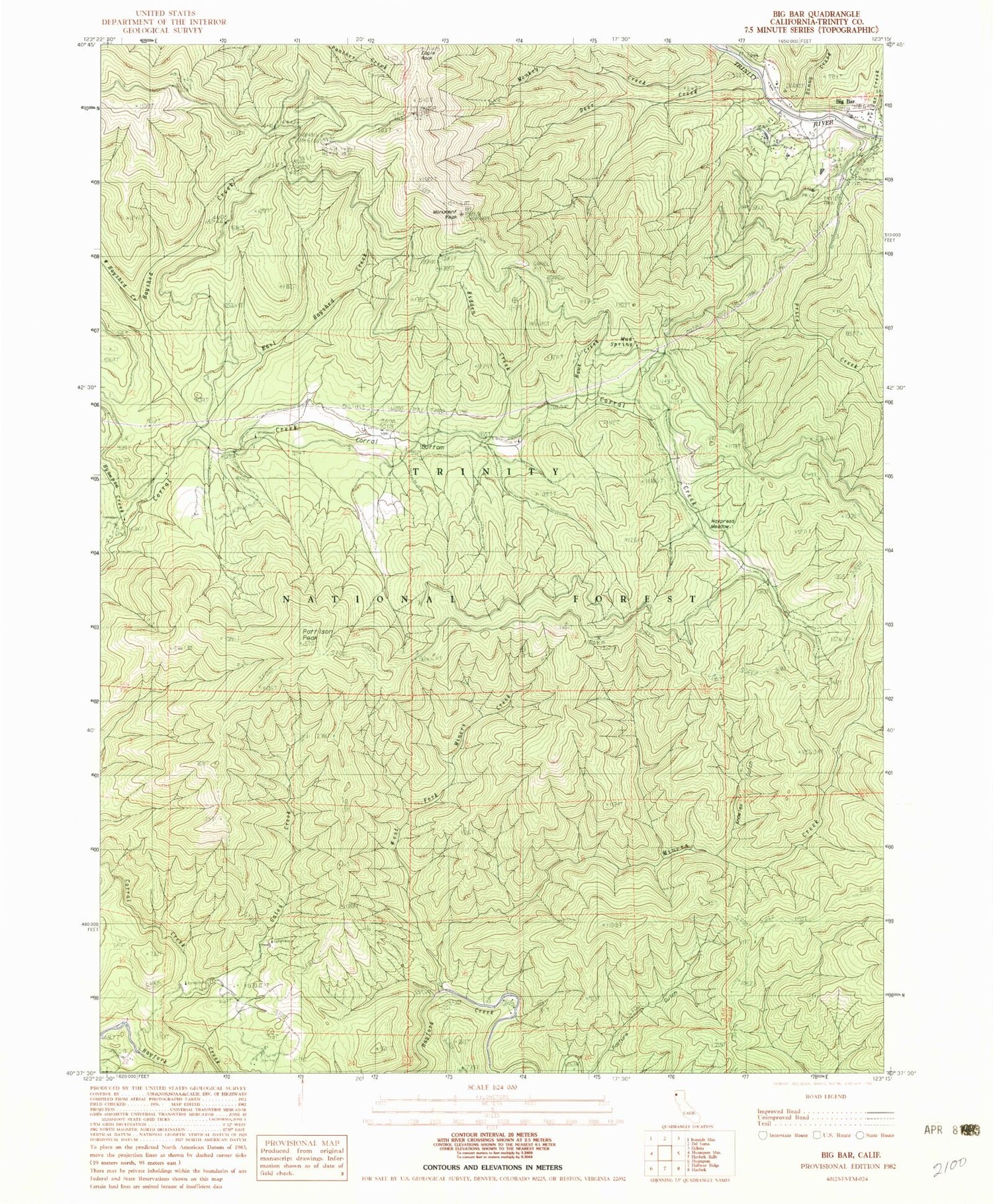 Classic USGS Big Bar California 7.5'x7.5' Topo Map Image