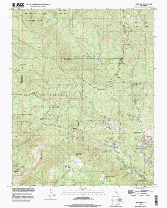 Classic USGS Big Basin California 7.5'x7.5' Topo Map Image