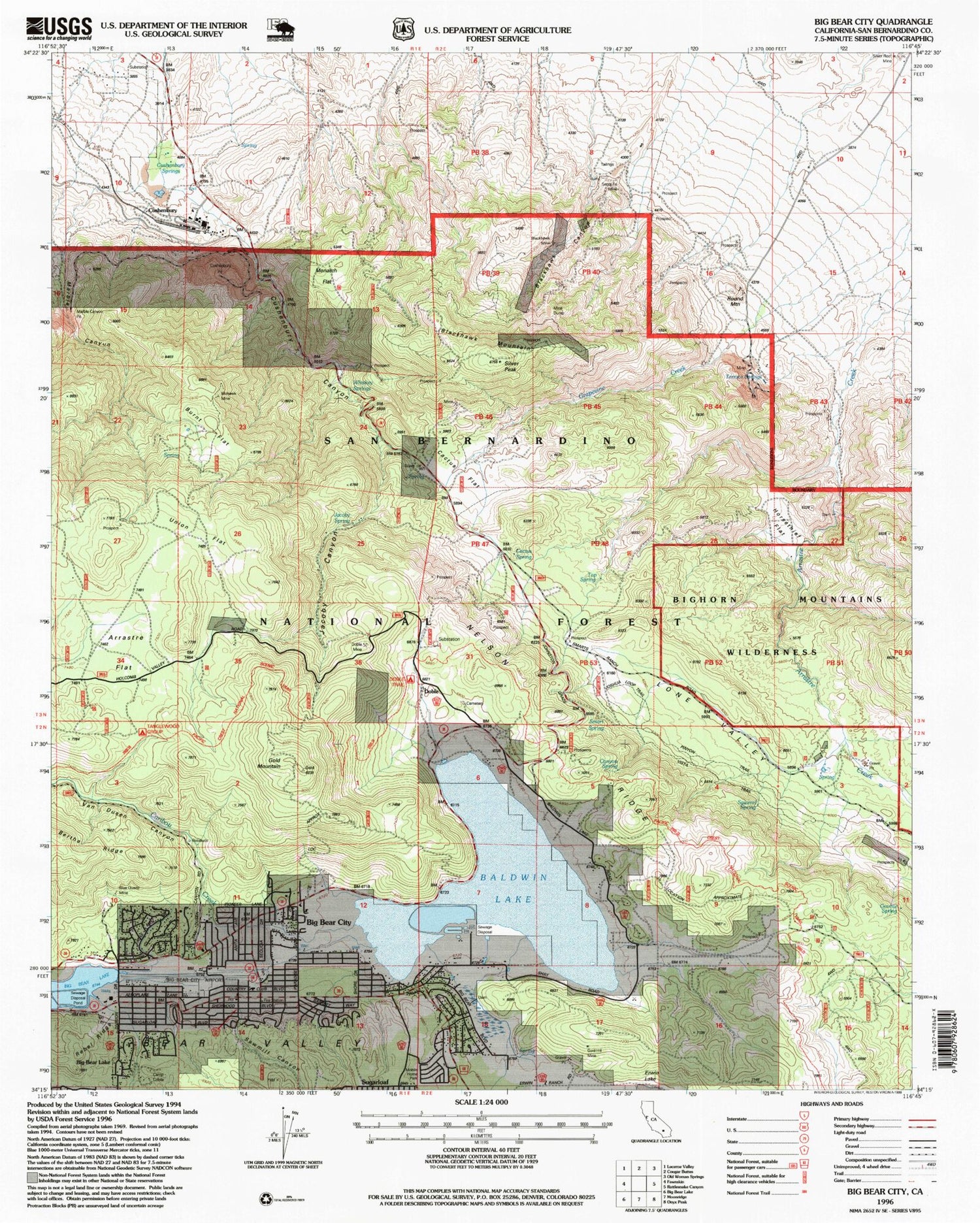 USGS Classic Big Bear City California 7.5'x7.5' Topo Map Image
